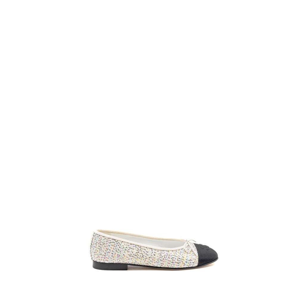 CHANEL 23C BALLERINAS FLAT SHOES GLITTERED FABRIC/GROSGRAIN WHITE/MULTICOLOUR/BLACK