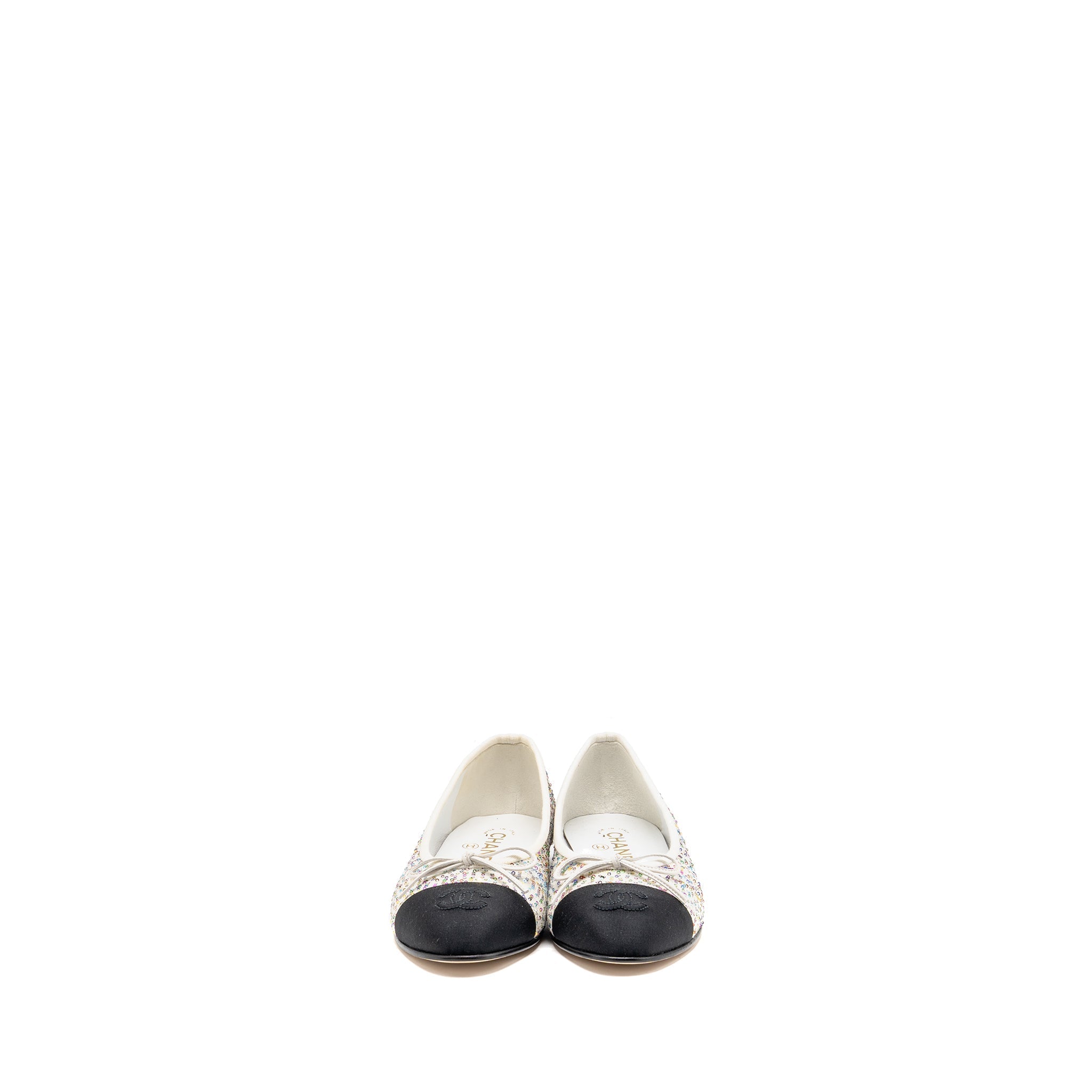 CHANEL 23C BALLERINAS FLAT SHOES GLITTERED FABRIC/GROSGRAIN WHITE/MULTICOLOUR/BLACK