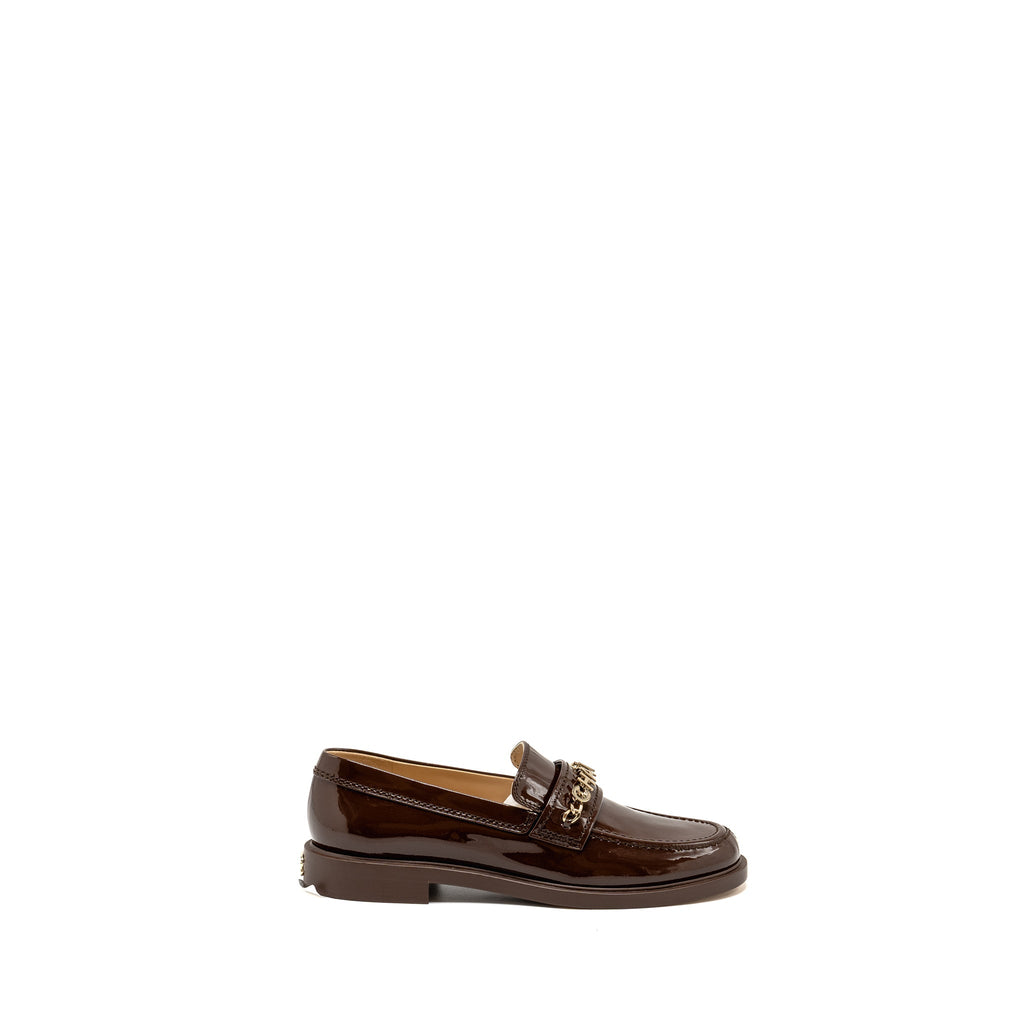 CHANEL LETTER LOGO LOAFERS PATENT CALFSKIN DARK BROWN LGHW