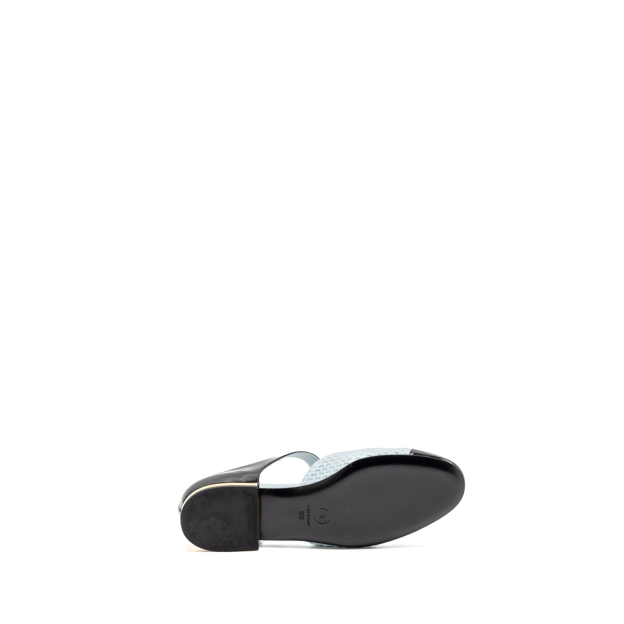 CHANEL 21K BALLERINAS FLAT SHOES TWEED/PATENT CALFSKIN LIGHT BLUE/ BLACK GHW