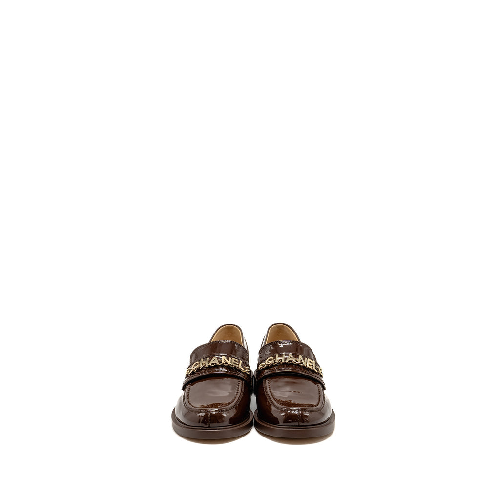 CHANEL LETTER LOGO LOAFERS PATENT CALFSKIN DARK BROWN LGHW