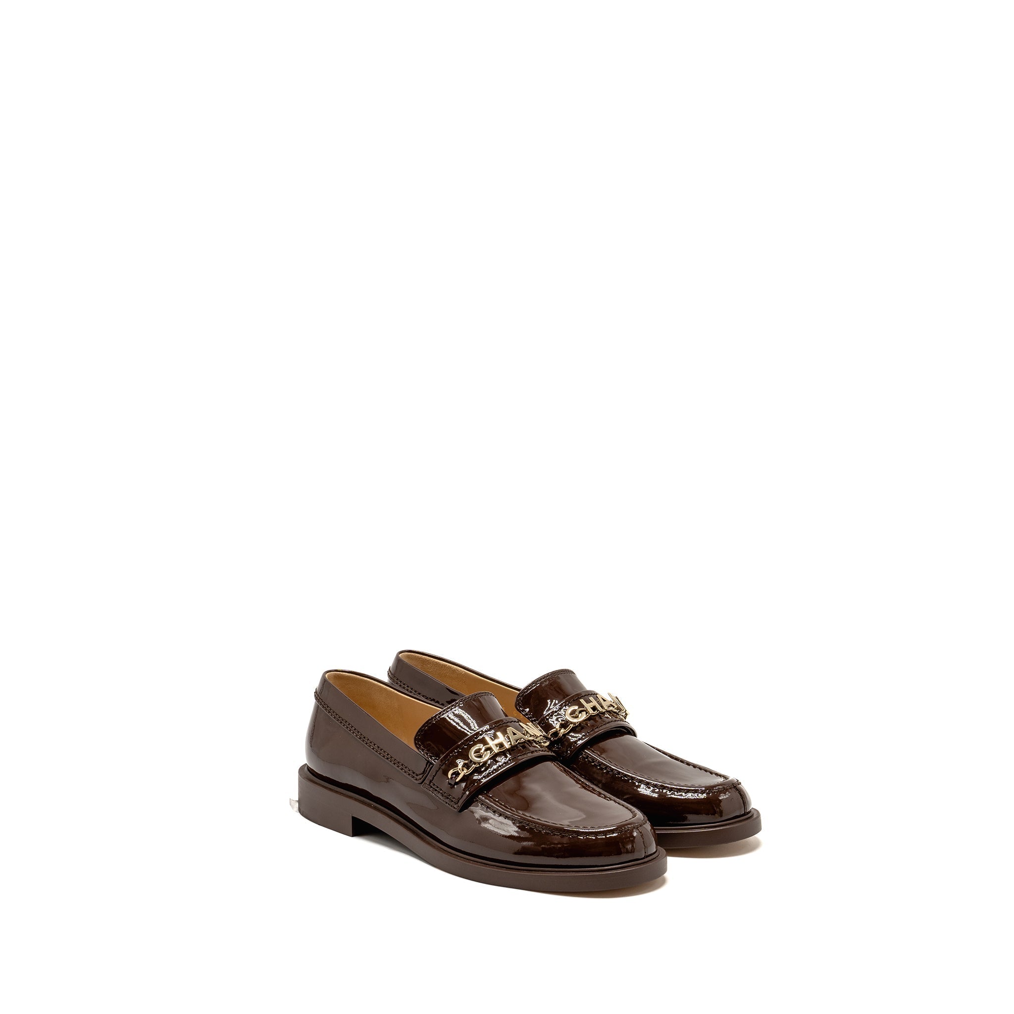 CHANEL LETTER LOGO LOAFERS PATENT CALFSKIN DARK BROWN LGHW