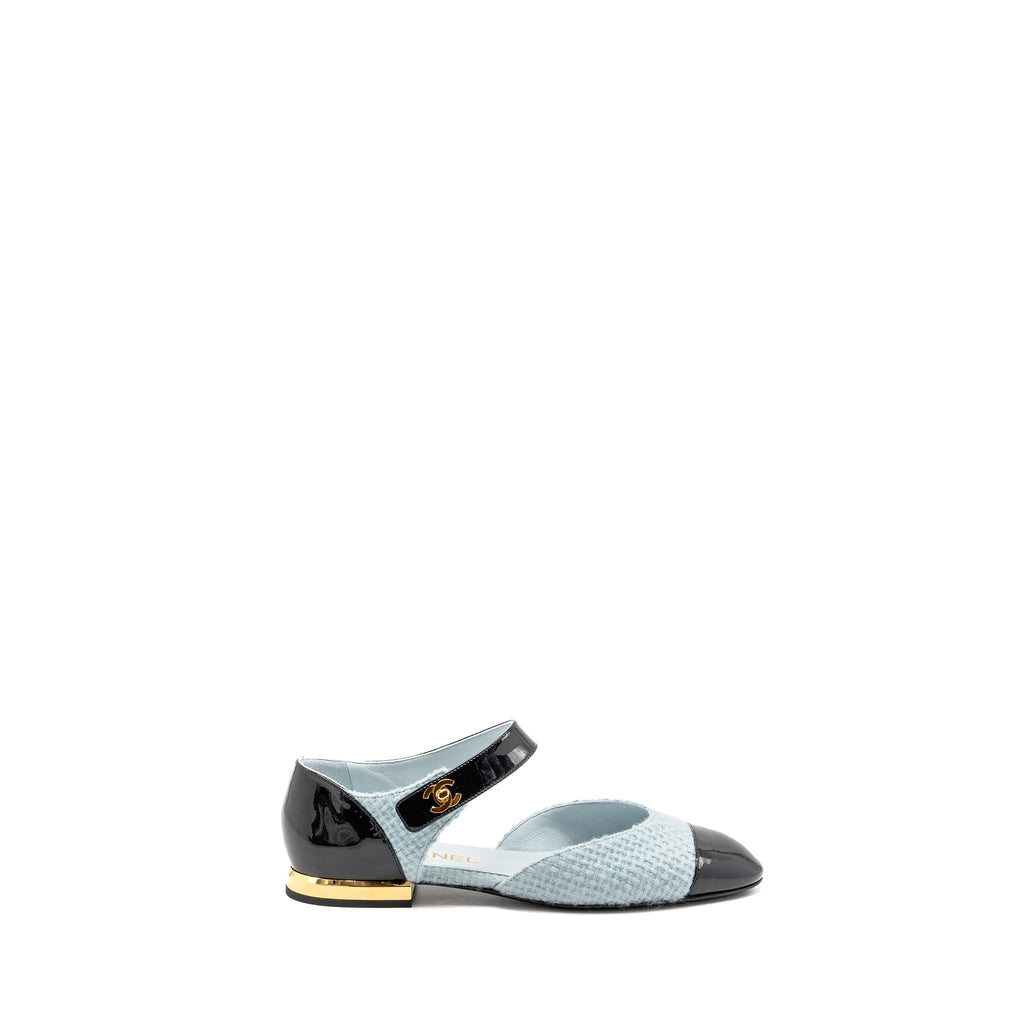 CHANEL 21K BALLERINAS FLAT SHOES TWEED/PATENT CALFSKIN LIGHT BLUE/ BLACK GHW
