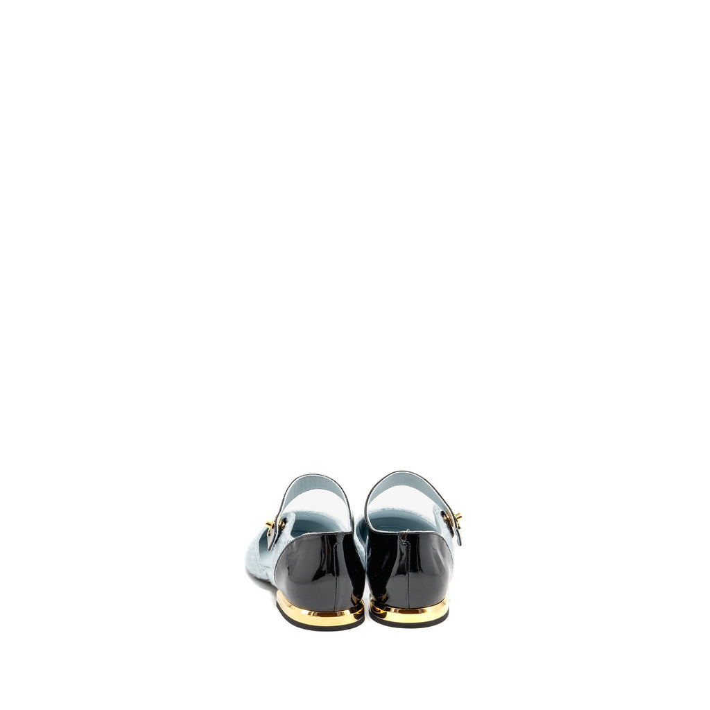 CHANEL 21K BALLERINAS FLAT SHOES TWEED/PATENT CALFSKIN LIGHT BLUE/ BLACK GHW