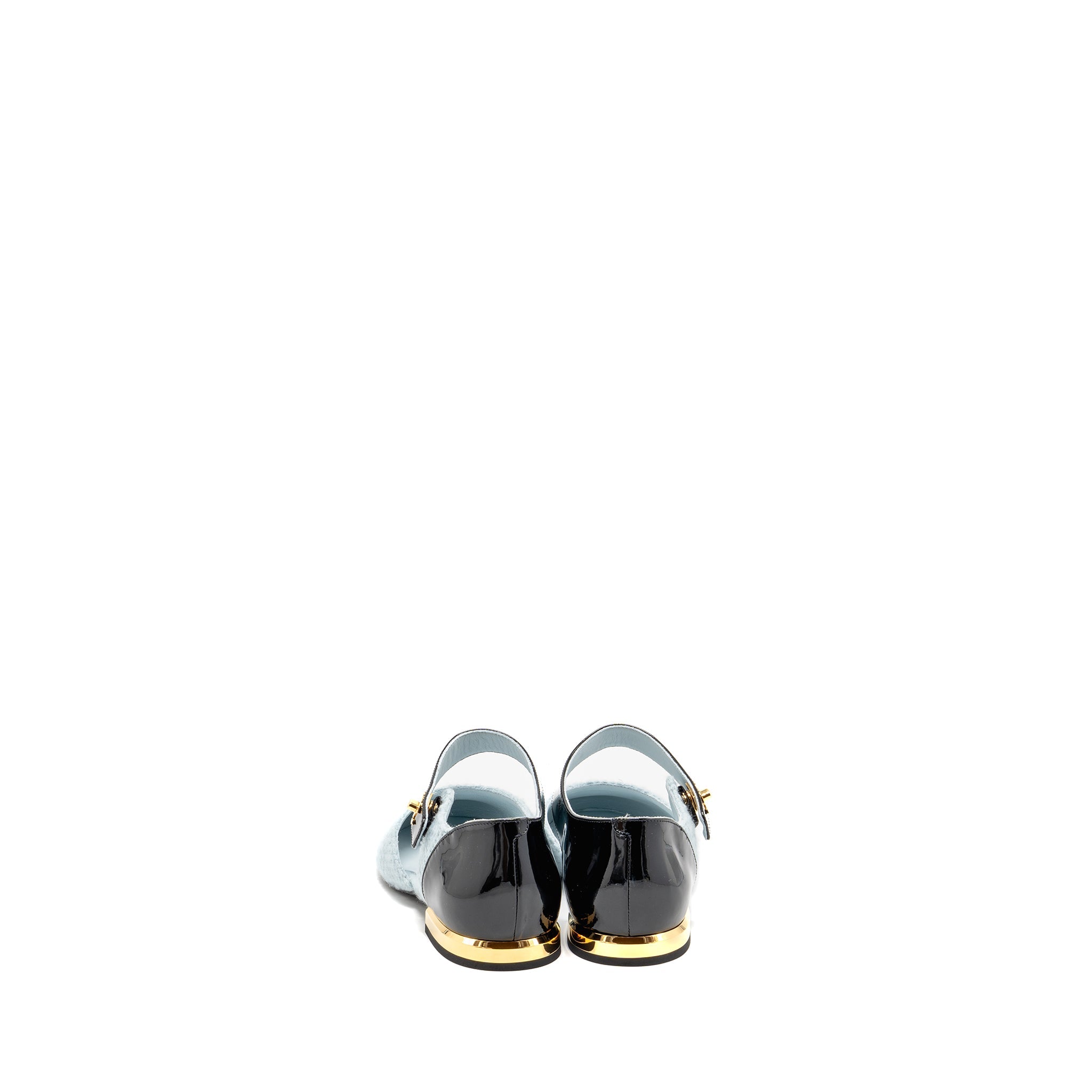 CHANEL 21K BALLERINAS FLAT SHOES TWEED/PATENT CALFSKIN LIGHT BLUE/ BLACK GHW