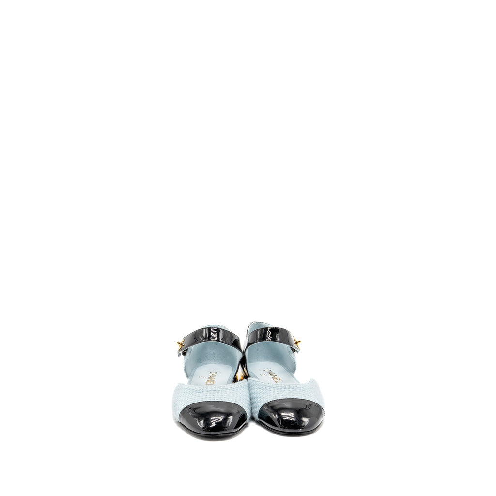 CHANEL 21K BALLERINAS FLAT SHOES TWEED/PATENT CALFSKIN LIGHT BLUE/ BLACK GHW