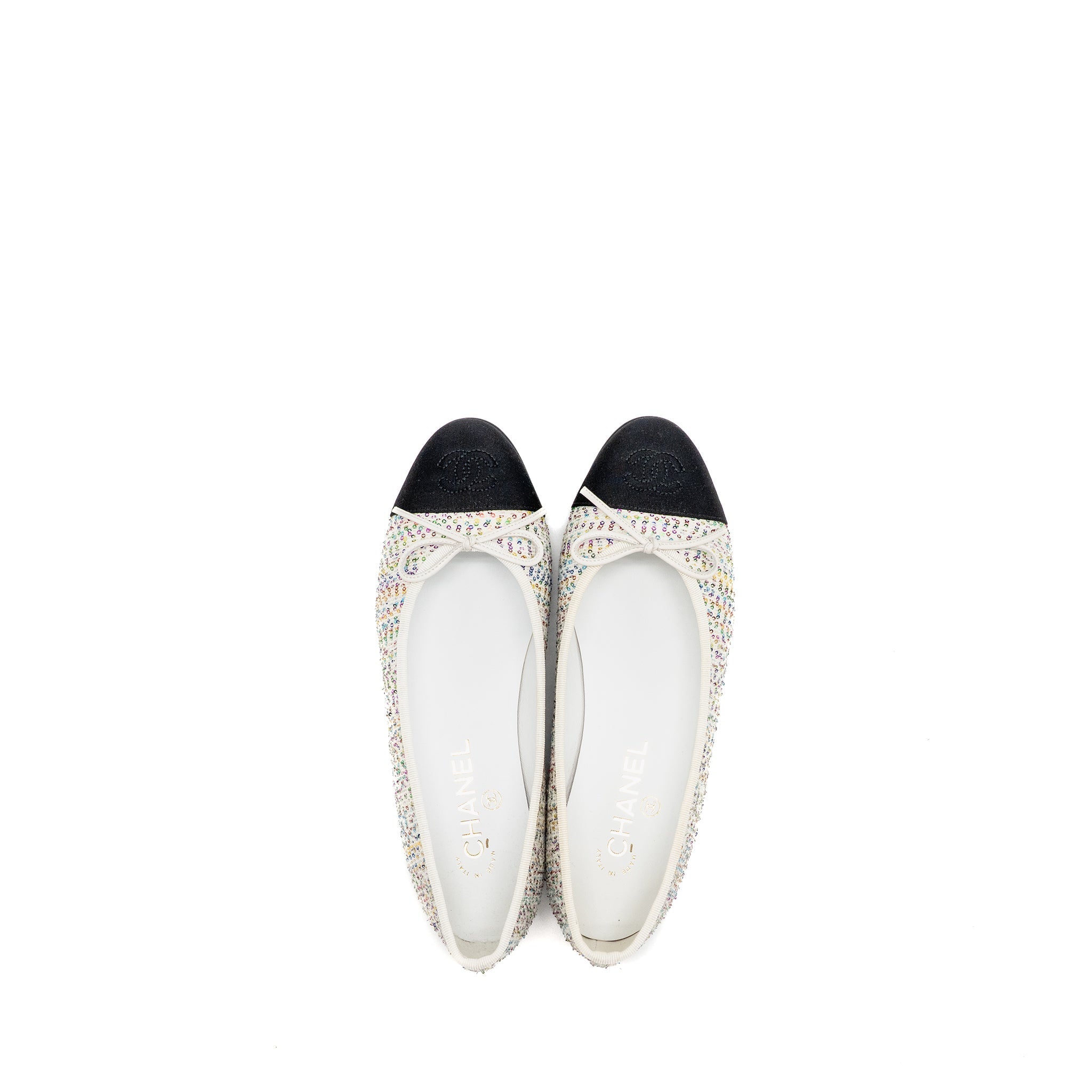 CHANEL 23C BALLERINAS FLAT SHOES GLITTERED FABRIC/GROSGRAIN WHITE/MULTICOLOUR/BLACK
