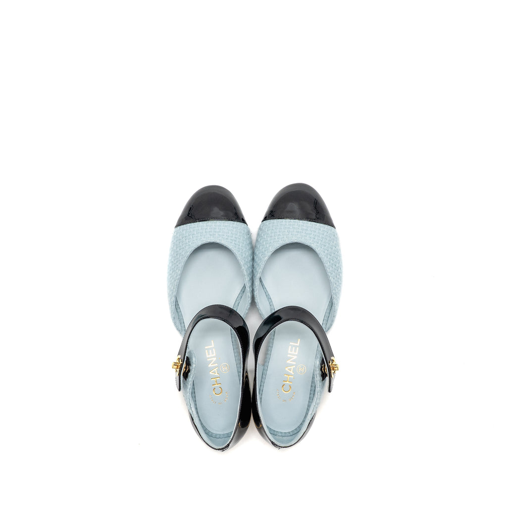 CHANEL 21K BALLERINAS FLAT SHOES TWEED/PATENT CALFSKIN LIGHT BLUE/ BLACK GHW