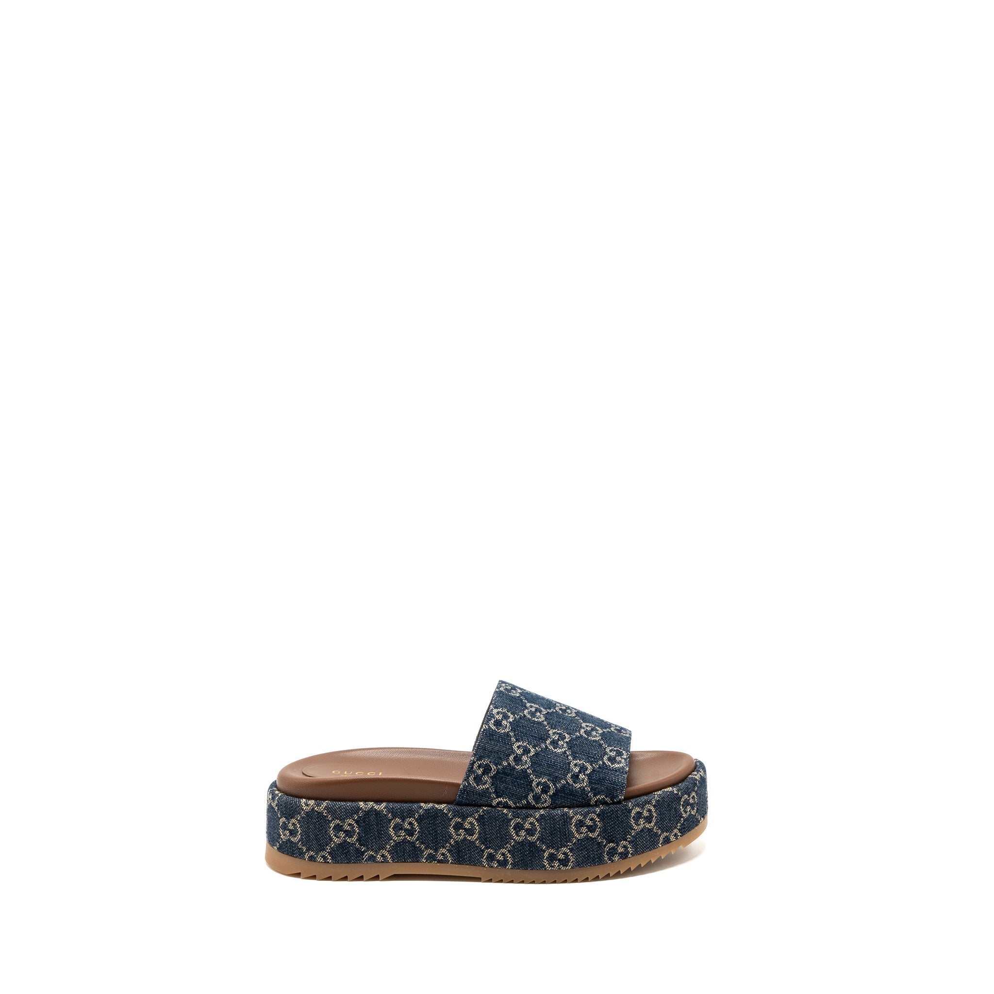 GUCCI PLATFORM SLIDE SANDALS GG SUPREME BLUE DENIM