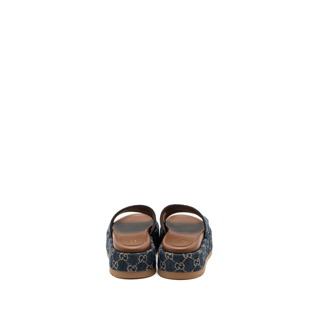 GUCCI PLATFORM SLIDE SANDALS GG SUPREME BLUE DENIM