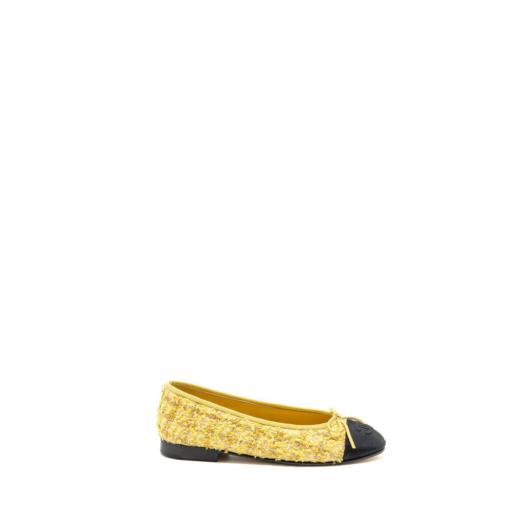 CHANEL BALLERINAS FLAT SHOES TWEED YELLOW/BLACK
