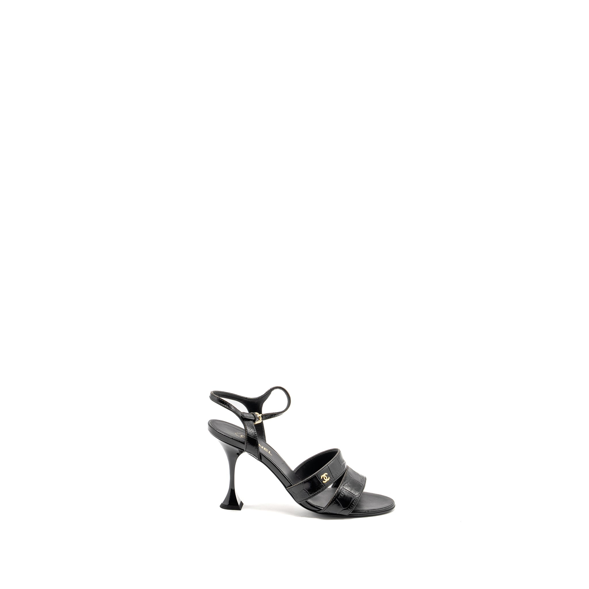 CHANEL CC SANDALS MATTE CROCODILE-EMBOSSED CALFSKIN BLACK GHW