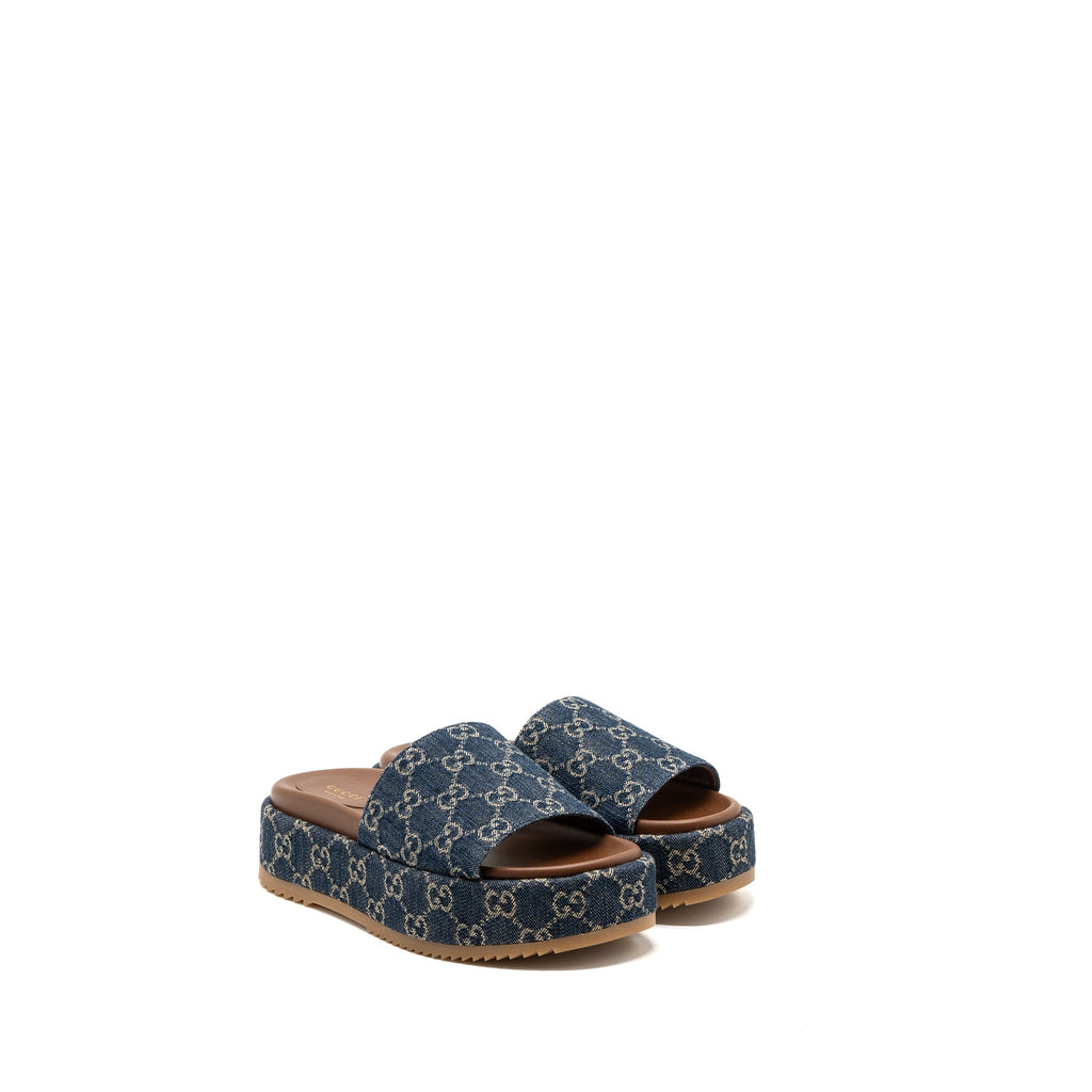 GUCCI PLATFORM SLIDE SANDALS GG SUPREME BLUE DENIM