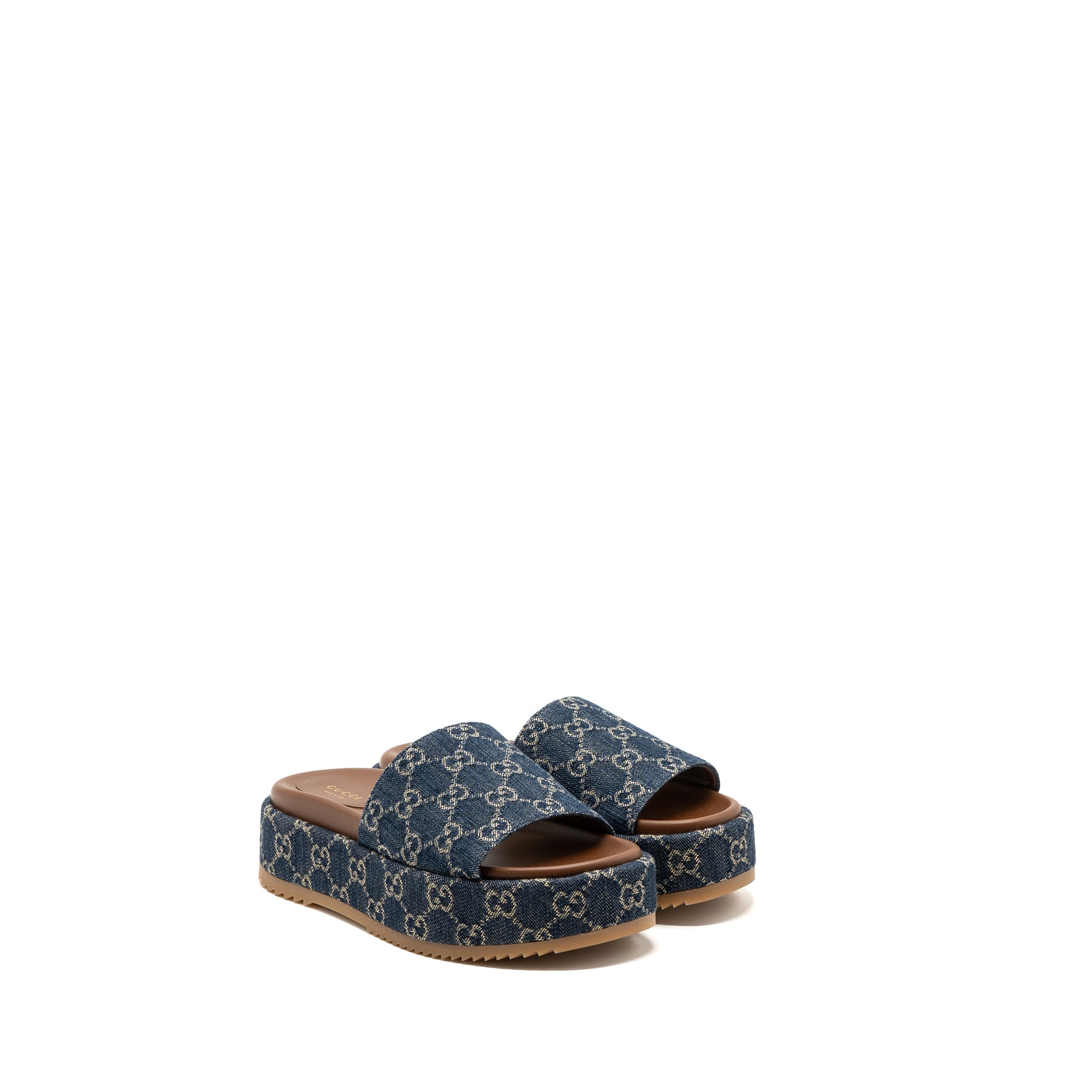GUCCI PLATFORM SLIDE SANDALS GG SUPREME BLUE DENIM