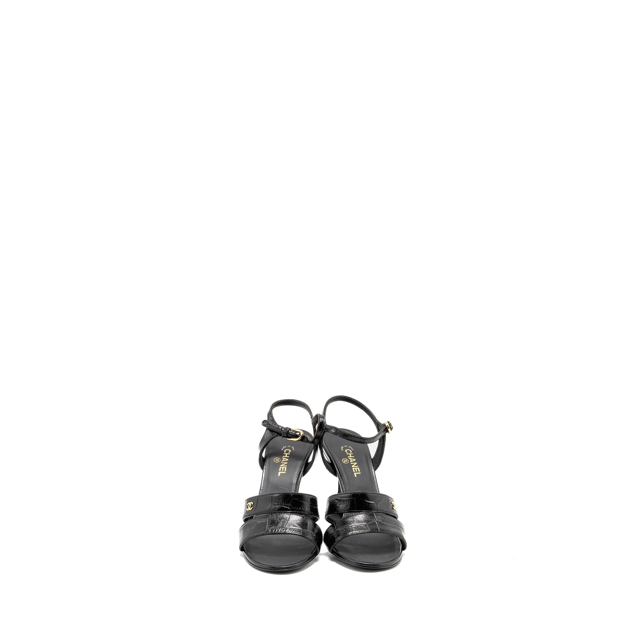 CHANEL CC SANDALS MATTE CROCODILE-EMBOSSED CALFSKIN BLACK GHW