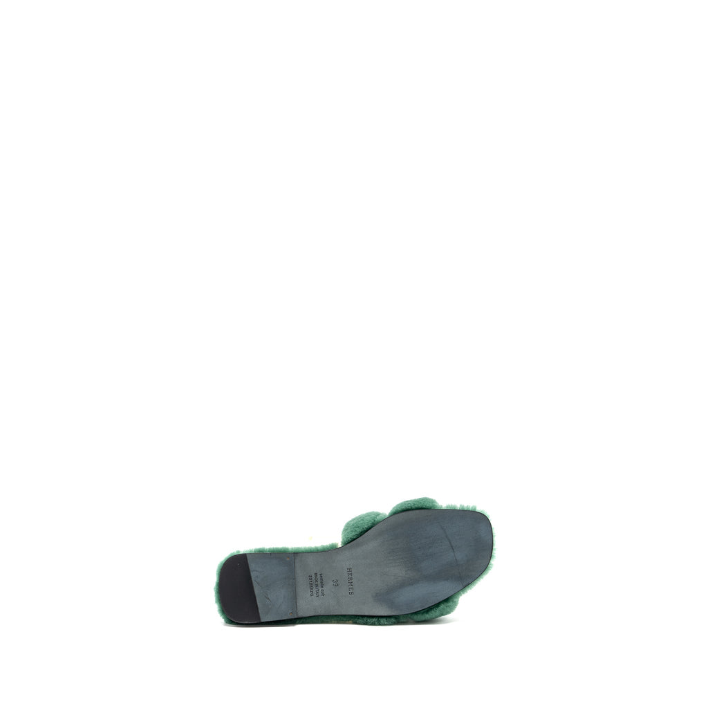 HERMES ORAN SANDAL SHEARLING VERT ANGLAIS