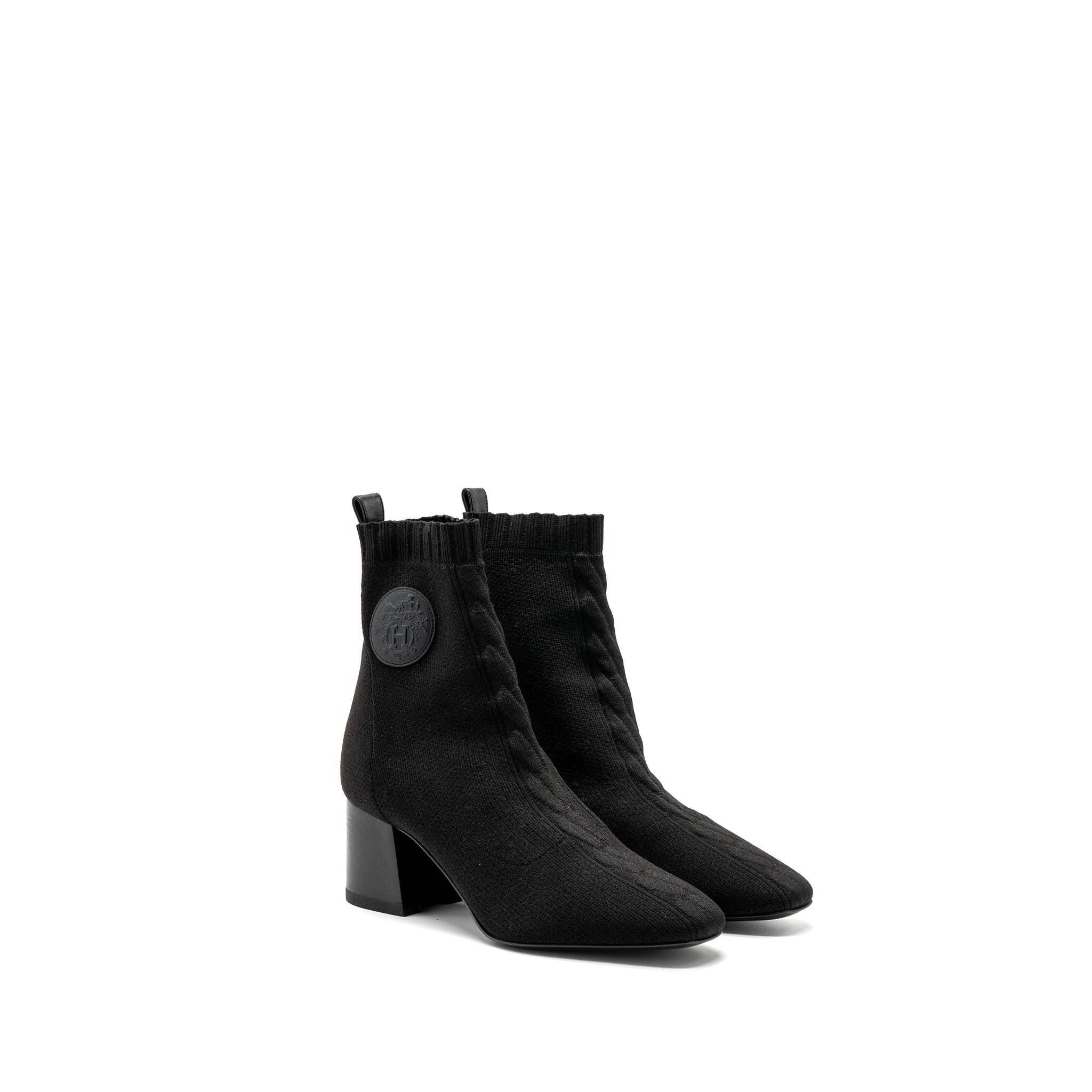 HERMES VOLVER ANKLE BOOTS CHENILLE KNIT/ CALFSKIN BLACK
