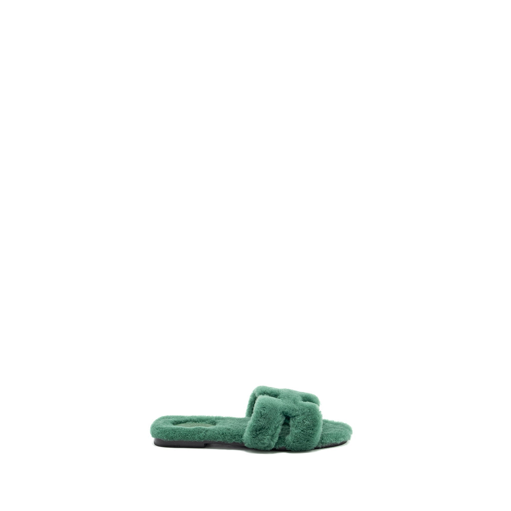 HERMES ORAN SANDAL SHEARLING VERT ANGLAIS