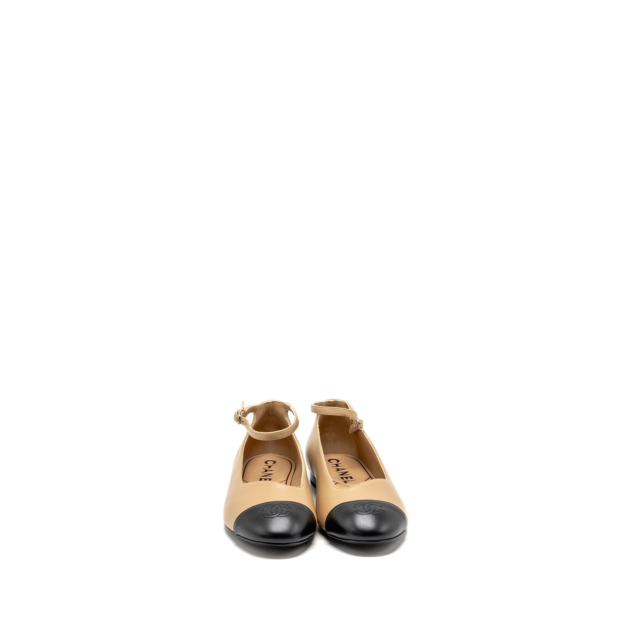 CHANEL MARY JANES BALLET FLATS LAMBSKIN BEIGE/BLACK