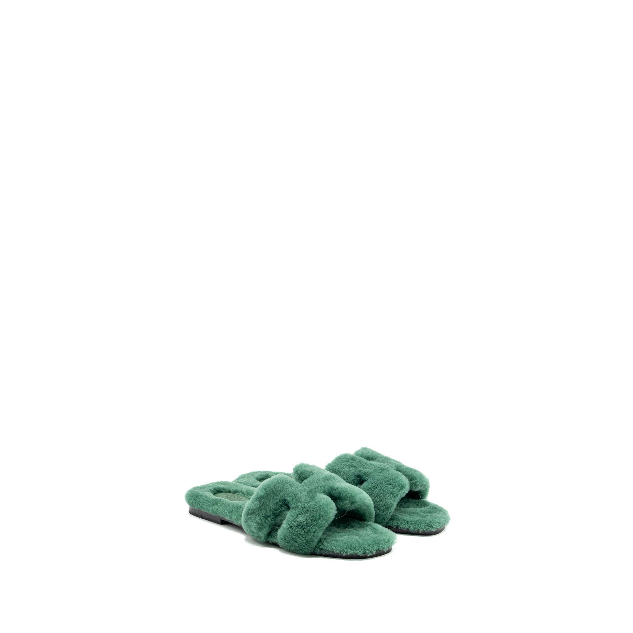 HERMES ORAN SANDAL SHEARLING VERT ANGLAIS
