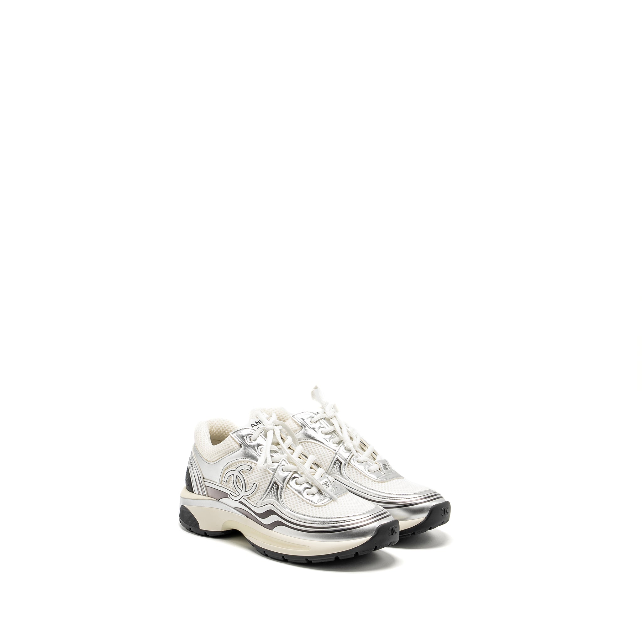 CHANEL METALLIC TRAINER/SNEAKER SILVER/WHITE