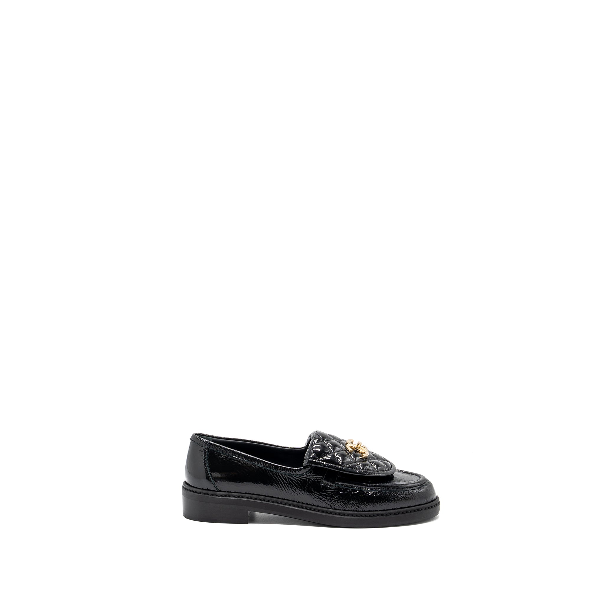 CHANEL QUILTED CC LOGO LOAFER PATENT LAMBSKIN BLACK LGHW