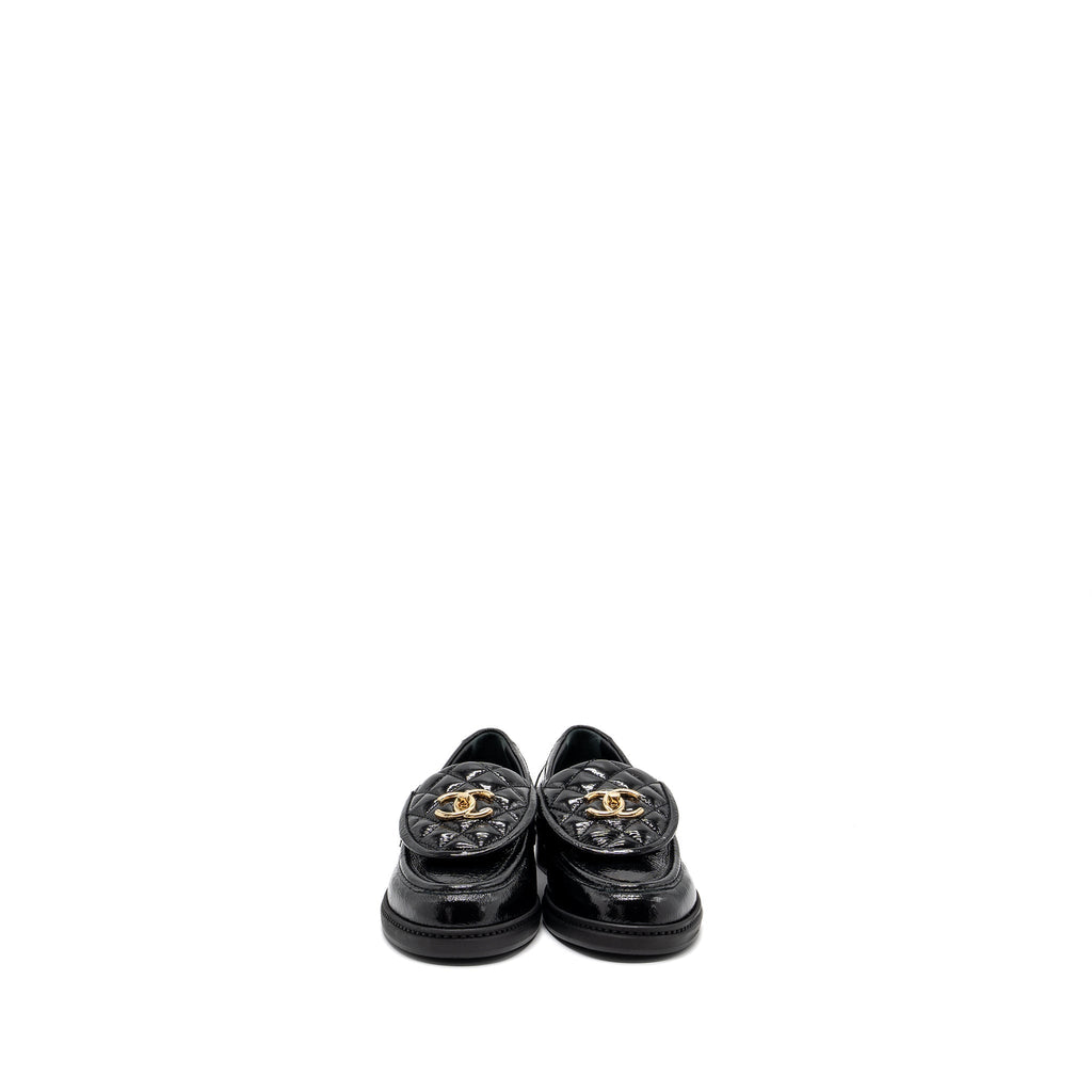 CHANEL QUILTED CC LOGO LOAFER PATENT LAMBSKIN BLACK LGHW