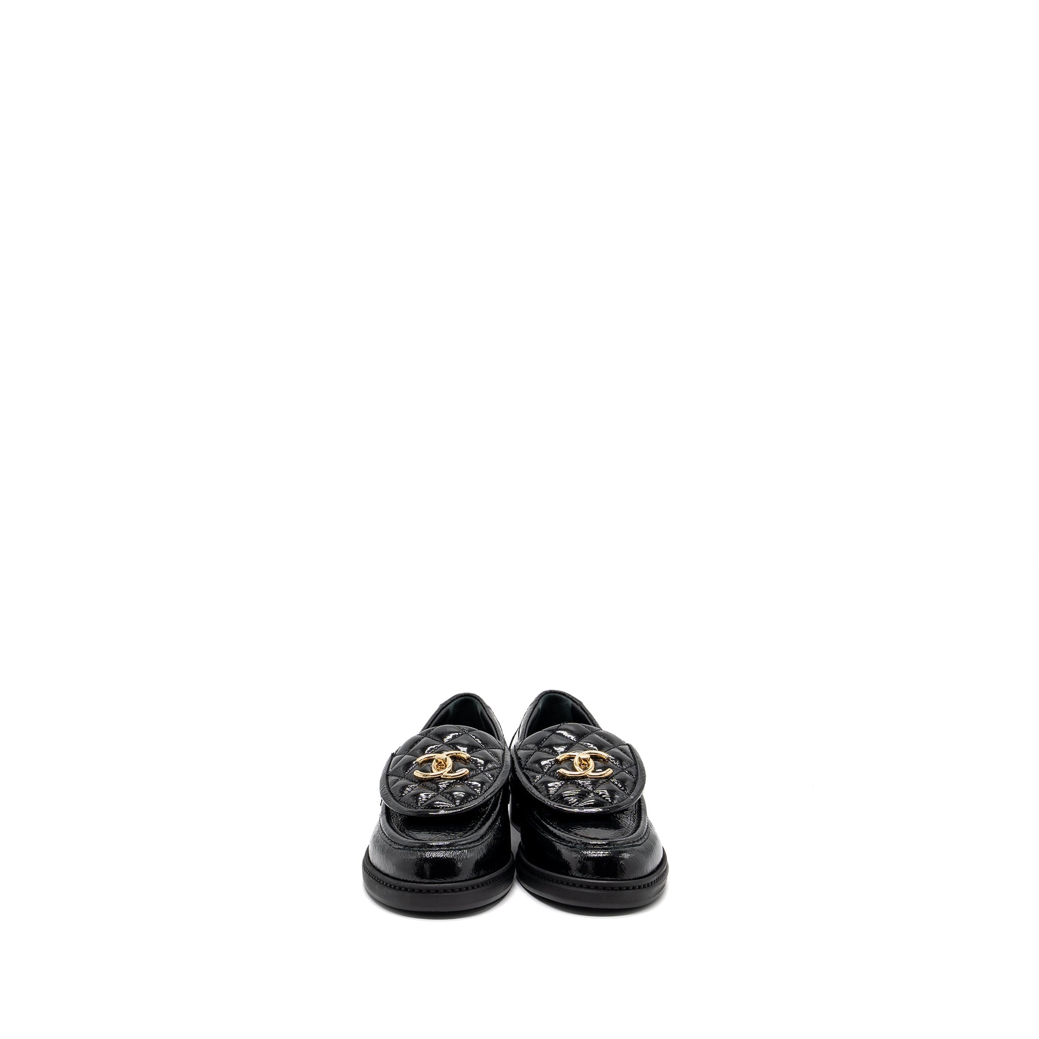 CHANEL QUILTED CC LOGO LOAFER PATENT LAMBSKIN BLACK LGHW