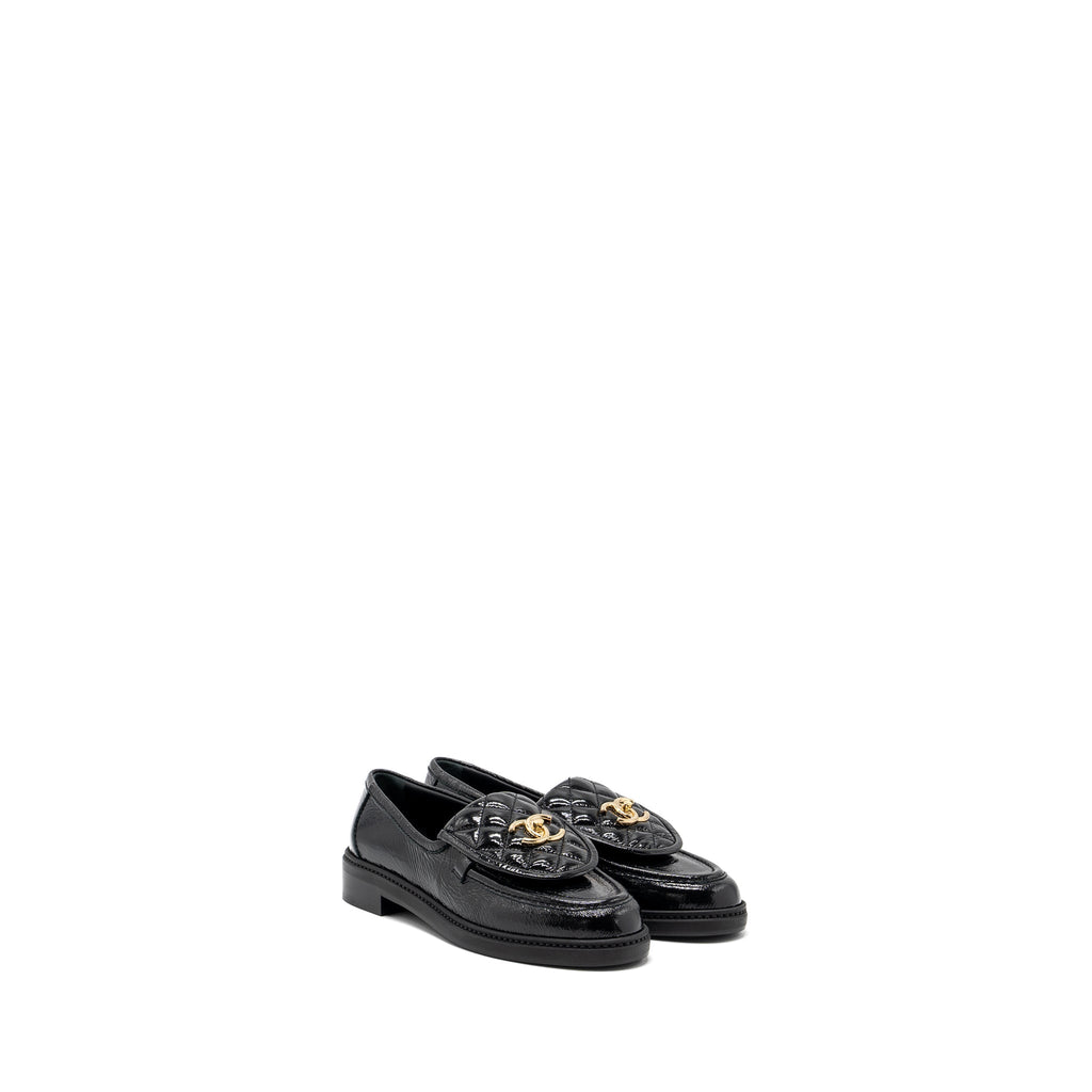 CHANEL QUILTED CC LOGO LOAFER PATENT LAMBSKIN BLACK LGHW