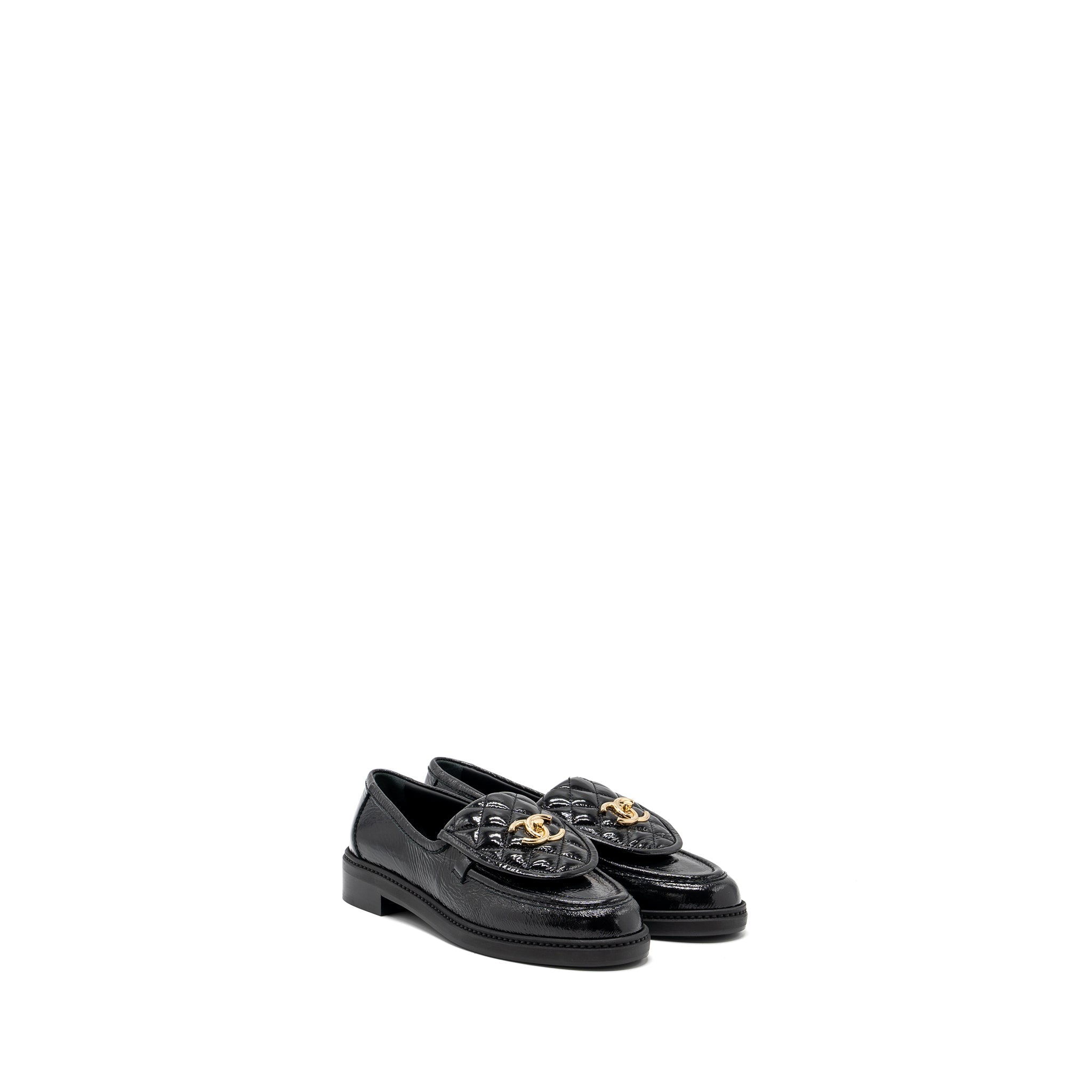 CHANEL QUILTED CC LOGO LOAFER PATENT LAMBSKIN BLACK LGHW