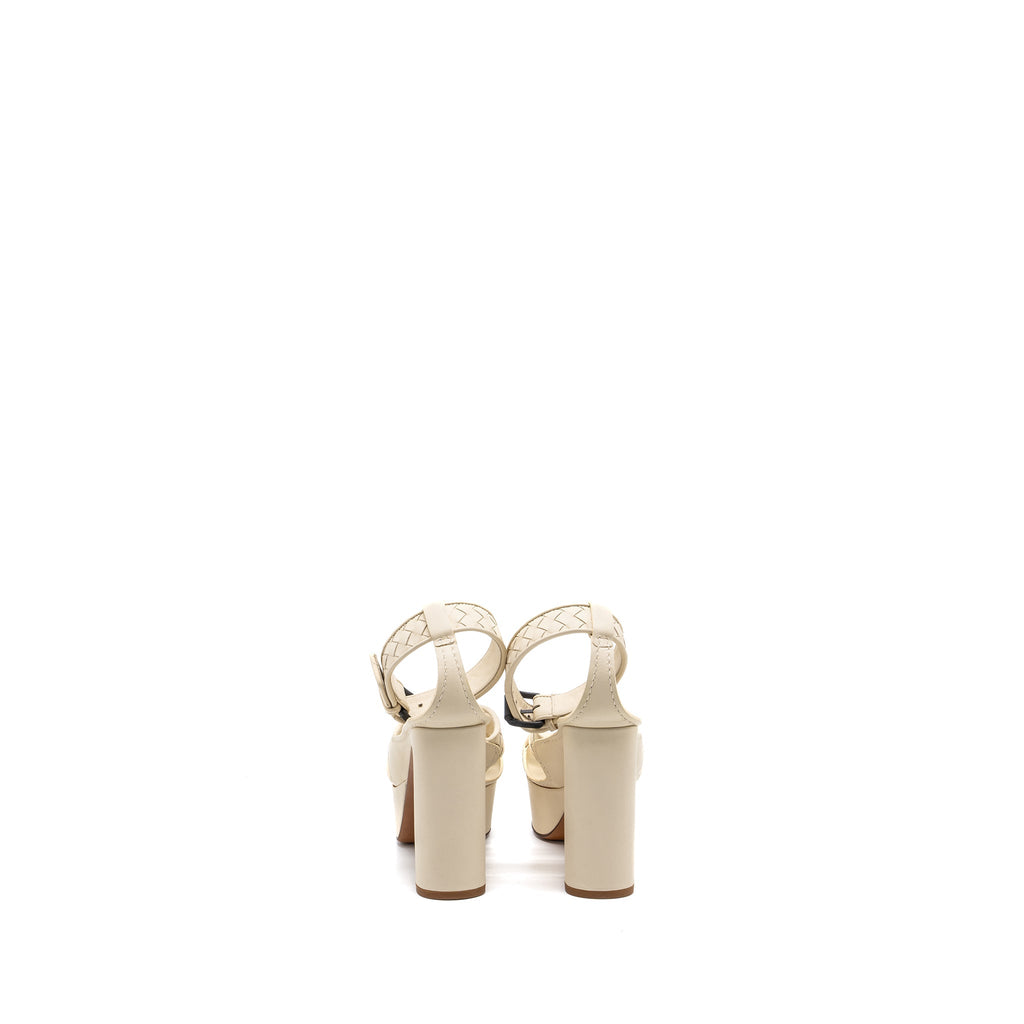 BOTTEGA VENETA INTRECCIATO ANKLE STRAP PLATFORM SANDALS CALFSKIN CREAM