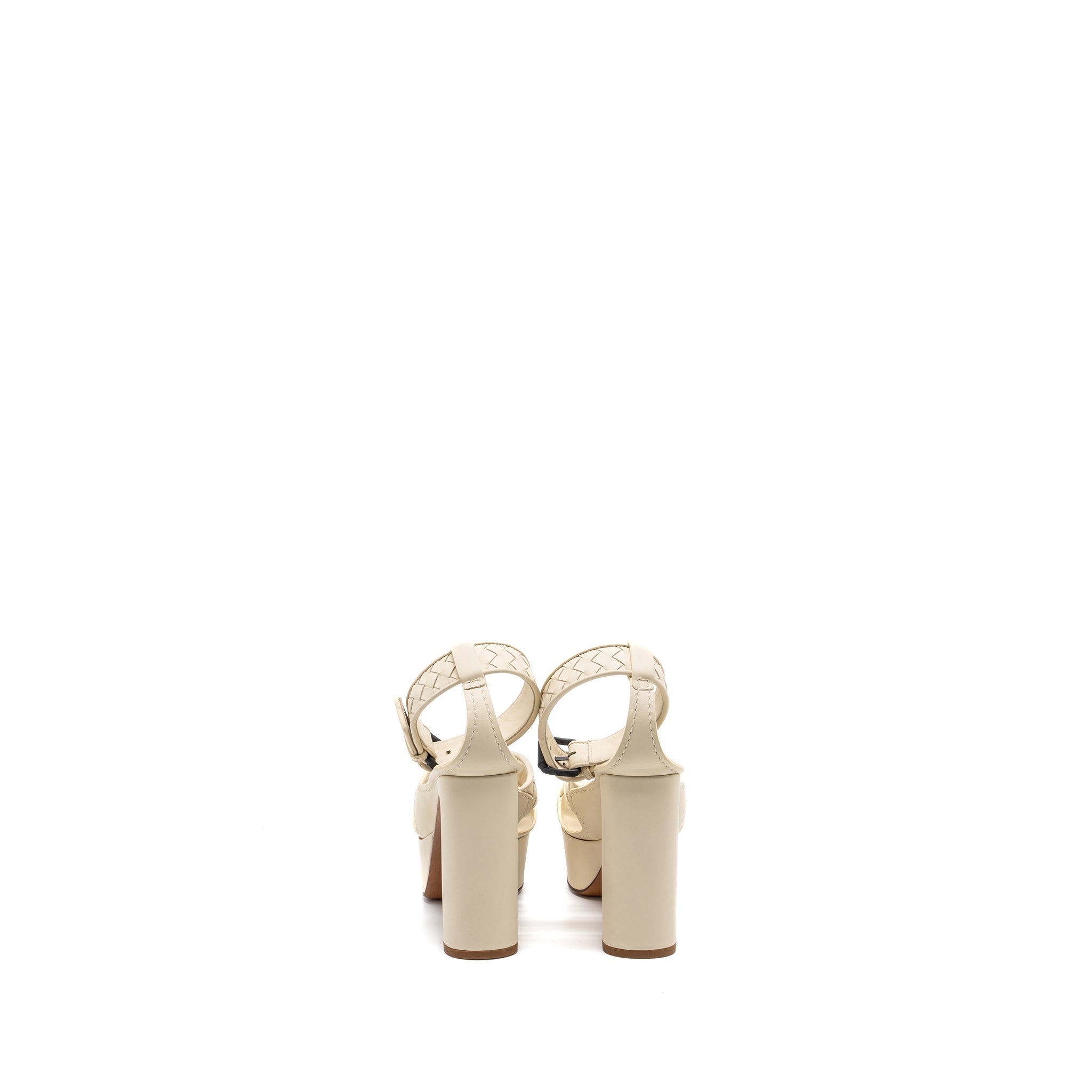 BOTTEGA VENETA INTRECCIATO ANKLE STRAP PLATFORM SANDALS CALFSKIN CREAM