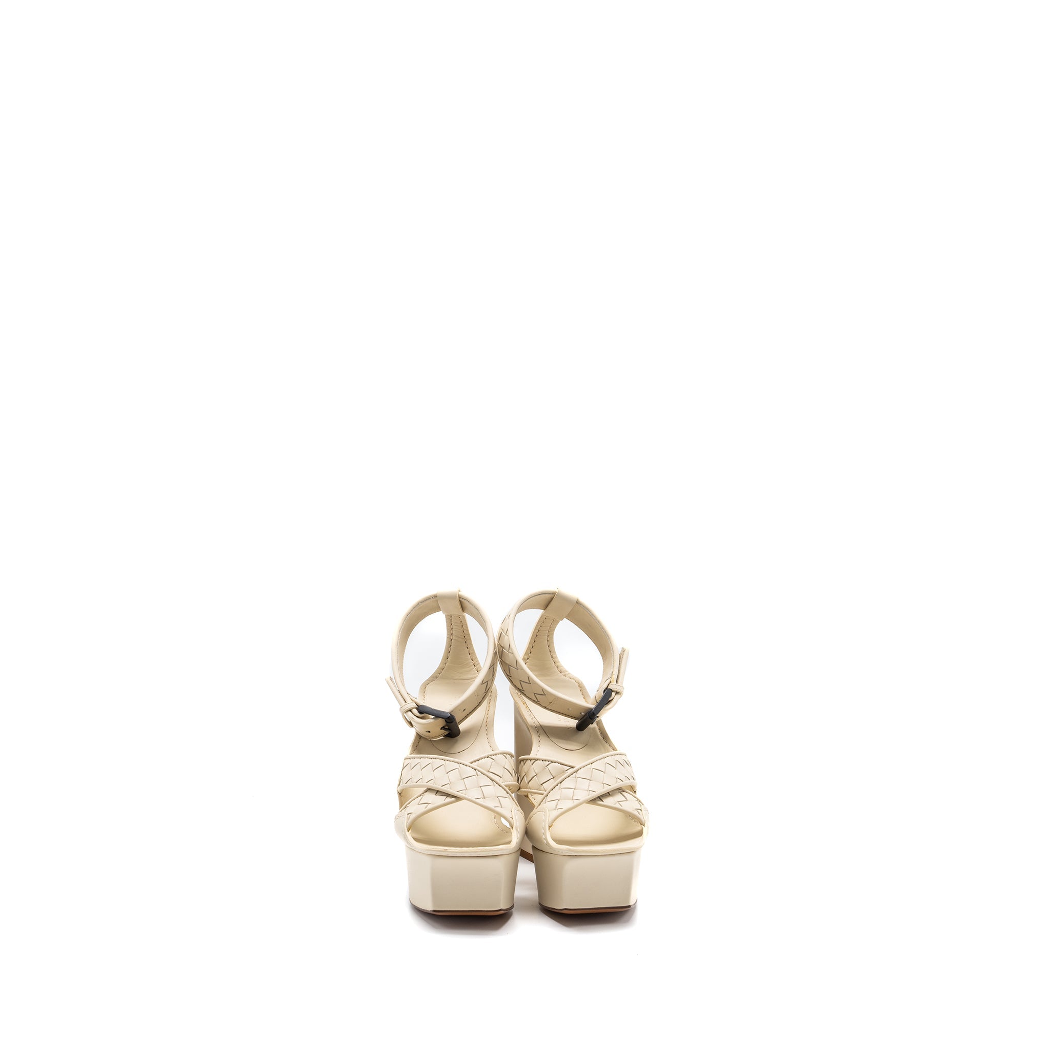BOTTEGA VENETA INTRECCIATO ANKLE STRAP PLATFORM SANDALS CALFSKIN CREAM
