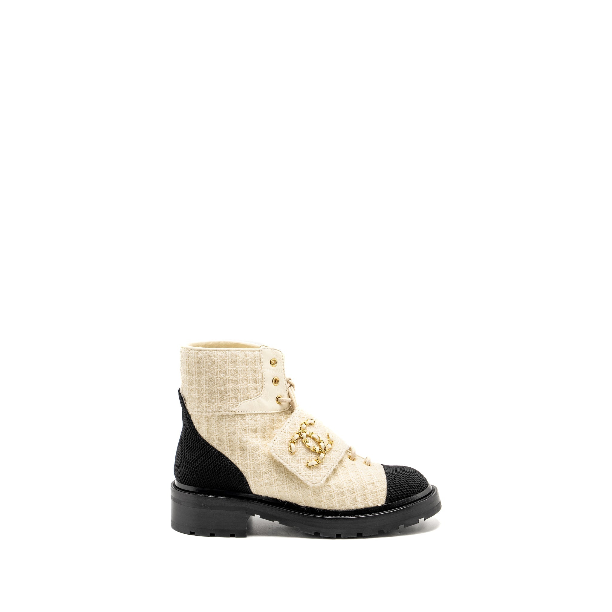 CHANEL 22K LACE UP BOOTS WOOL TWEED/FABRIC IVORY/BLACK