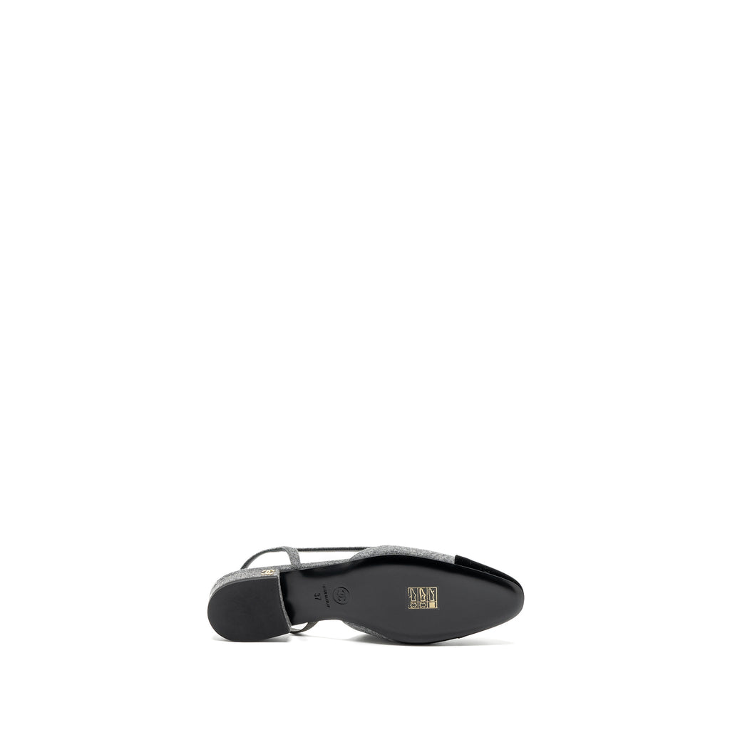 CHANEL SLING BACK FLAT SHOES FELT/VELVET GREY/BLACK