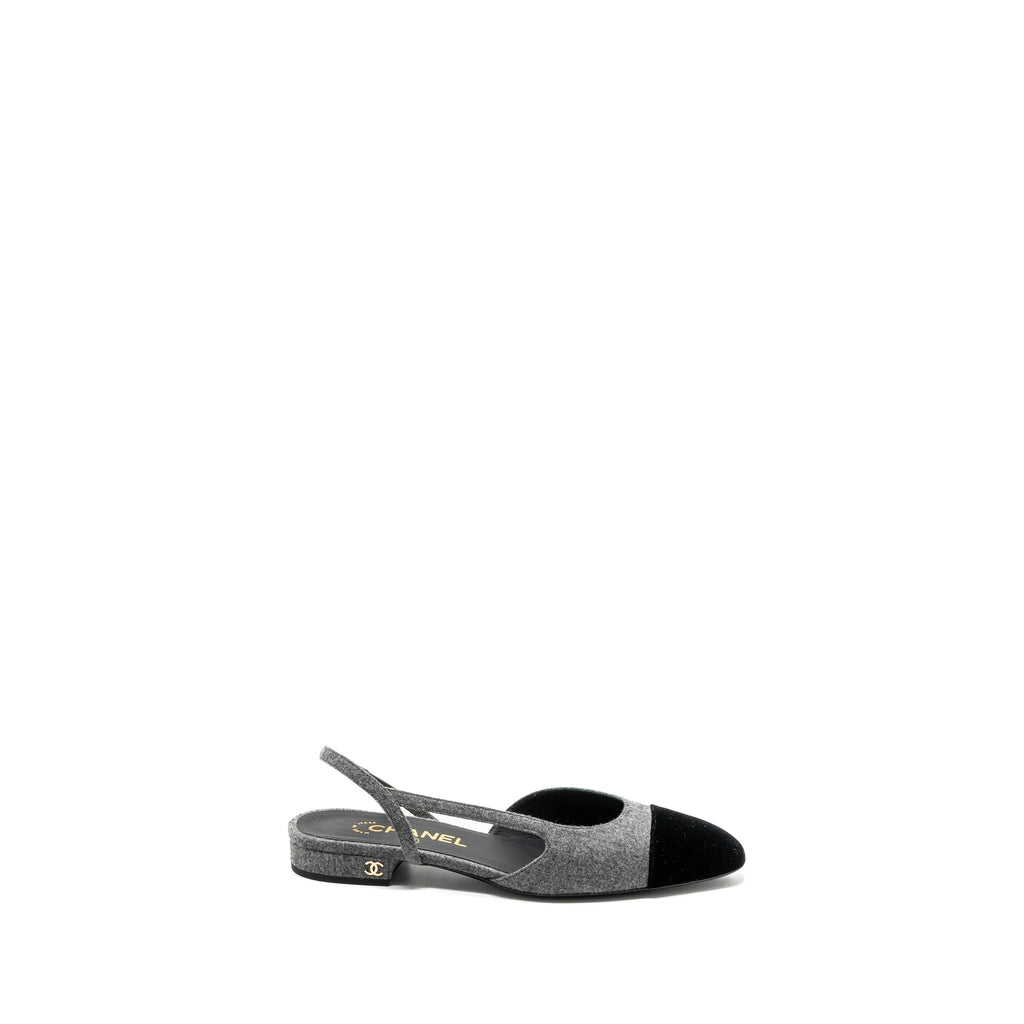 CHANEL SLING BACK FLAT SHOES FELT/VELVET GREY/BLACK