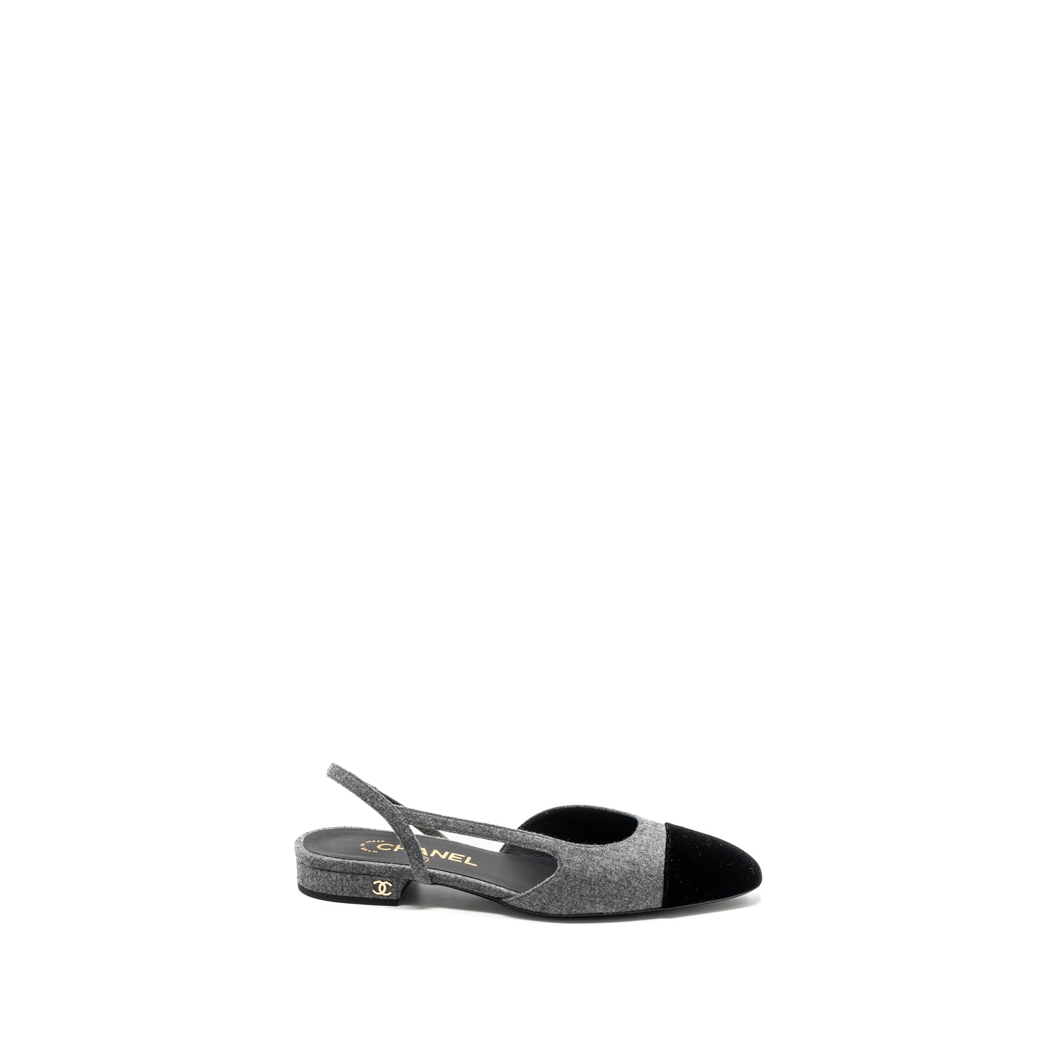 CHANEL SLING BACK FLAT SHOES FELT/VELVET GREY/BLACK