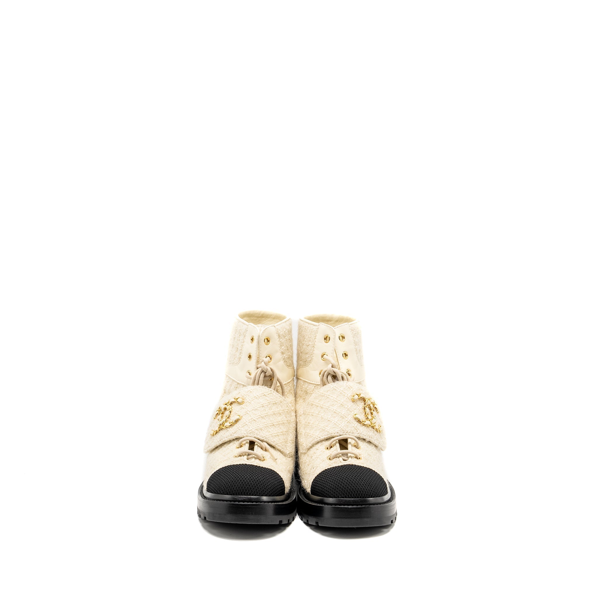CHANEL 22K LACE UP BOOTS WOOL TWEED/FABRIC IVORY/BLACK
