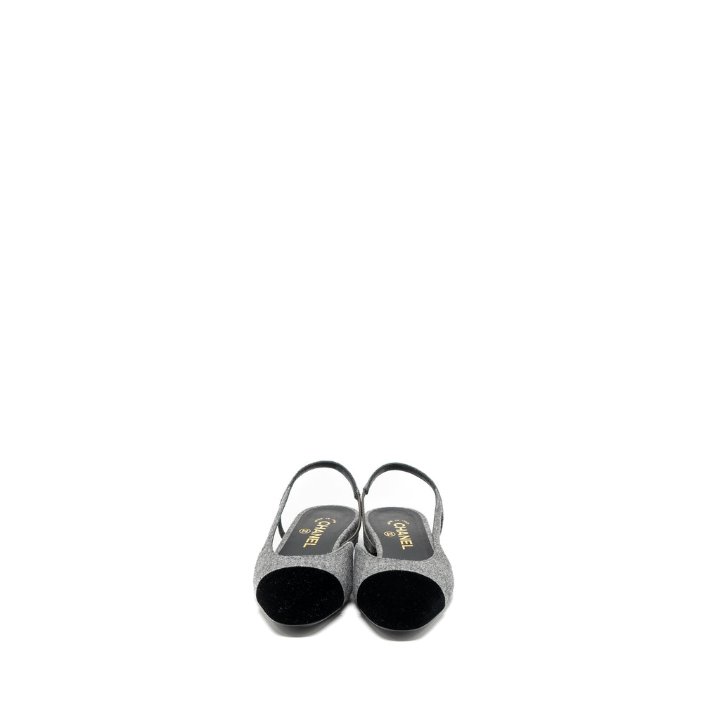 CHANEL SLING BACK FLAT SHOES FELT/VELVET GREY/BLACK