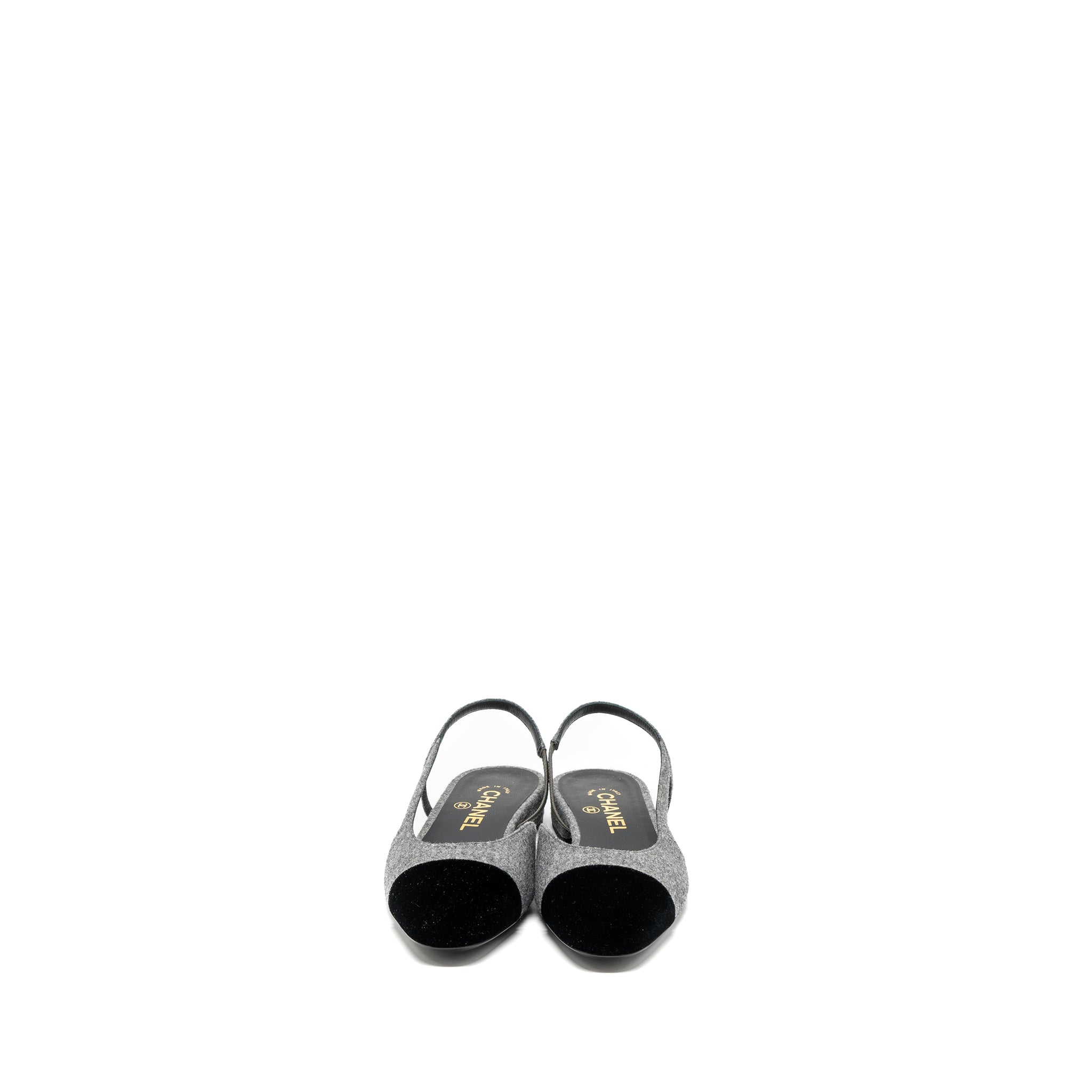CHANEL SLING BACK FLAT SHOES FELT/VELVET GREY/BLACK