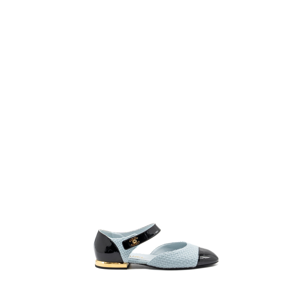 CHANEL 21K BALLERINAS FLAT SHOES TWEED/PATENT CALFSKIN LIGHT BLUE/ BLACK GHW