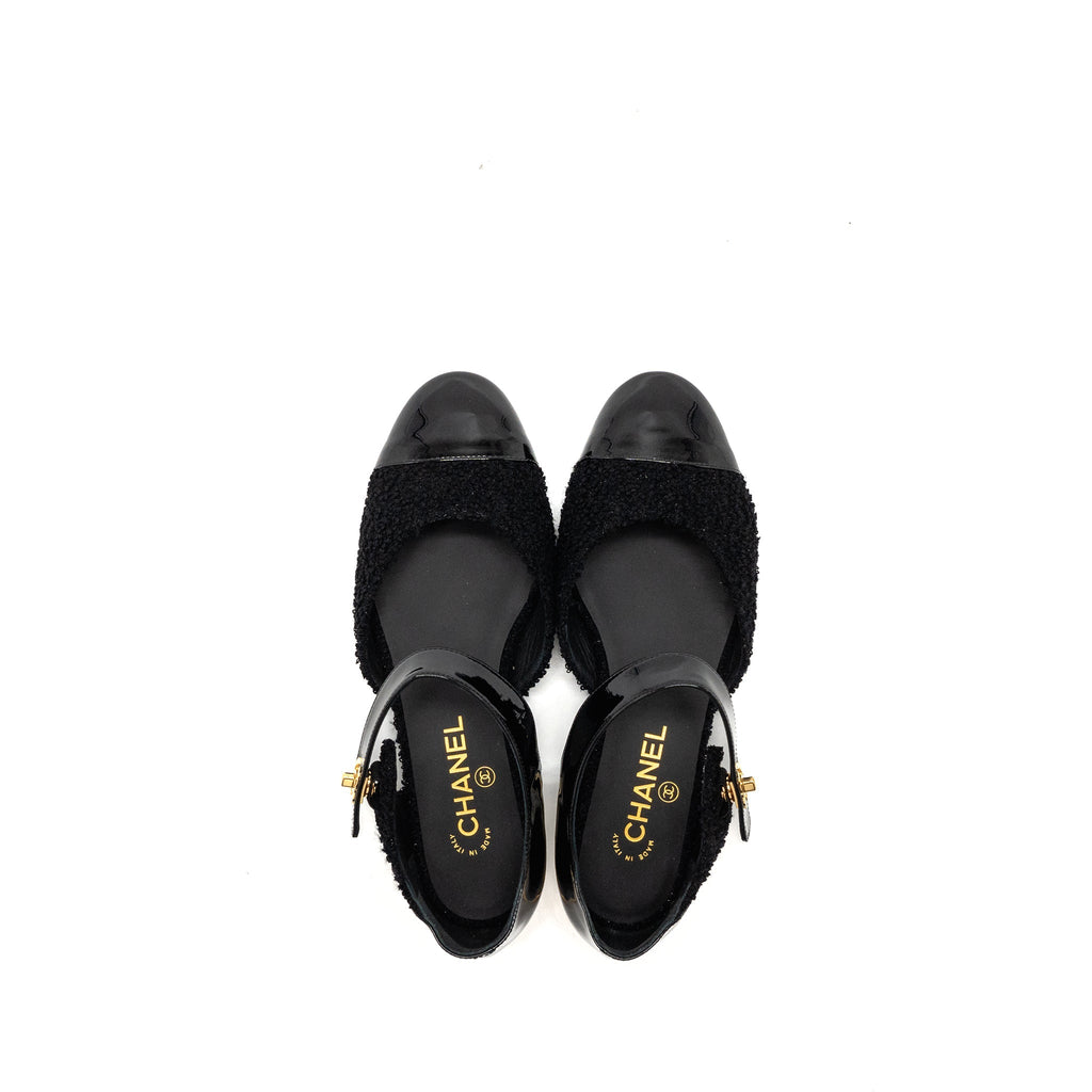 CHANEL 21K CC LOGO BALLERINAS TWEED/PATENT CALFSKIN BLACK GHW