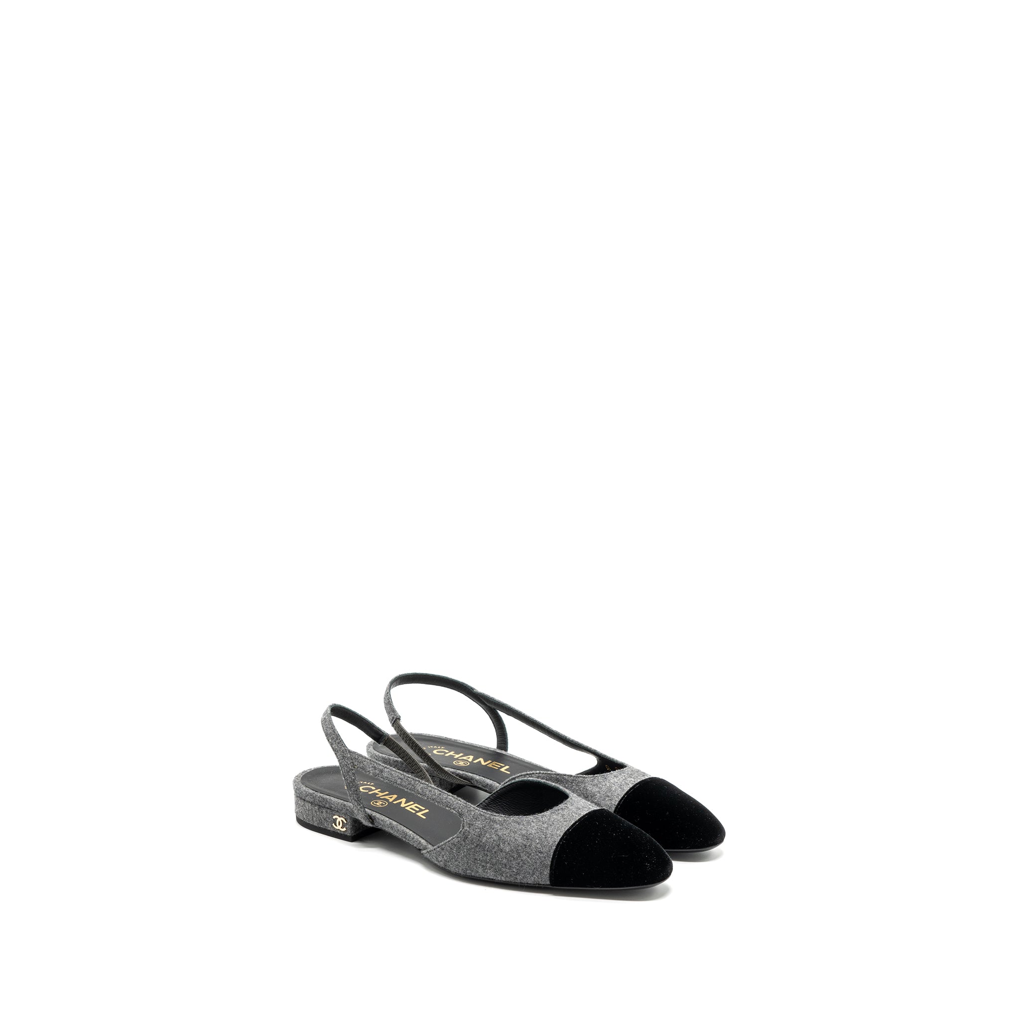 CHANEL SLING BACK FLAT SHOES FELT/VELVET GREY/BLACK