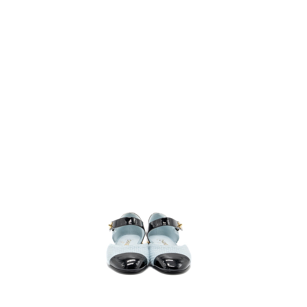 CHANEL 21K BALLERINAS FLAT SHOES TWEED/PATENT CALFSKIN LIGHT BLUE/ BLACK GHW