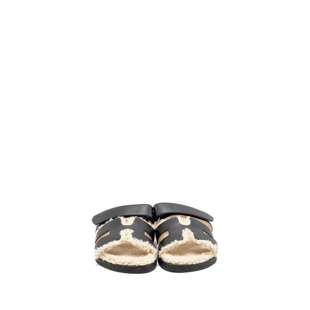 HERMES CHYPRE SANDAL CALFSKIN/SHEARLING LINING BLACK SHW