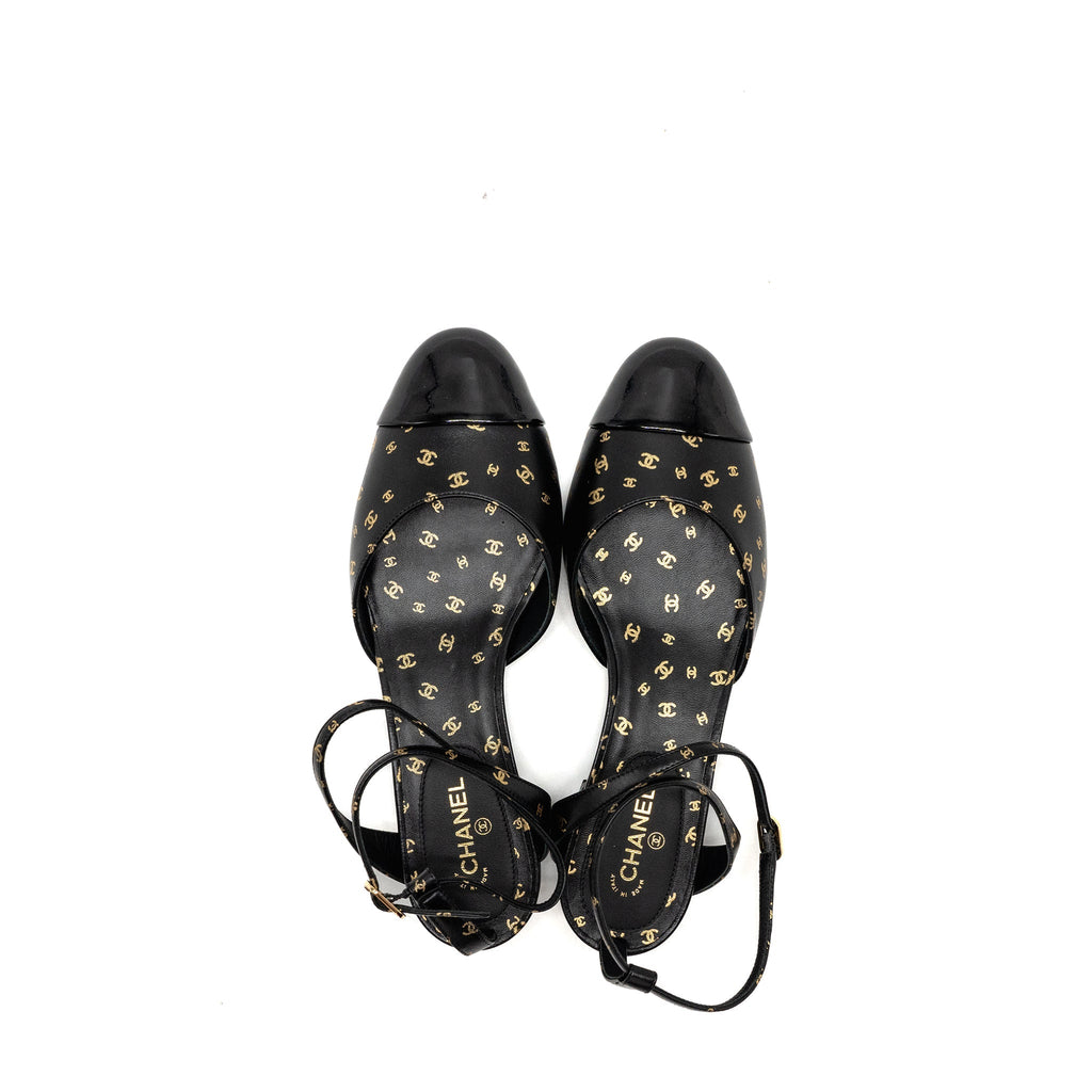 CHANEL CC LOGO PRINT SLINGBACKS LAMBSKIN/PATENT CALFSKIN BLACK/GOLD GHW