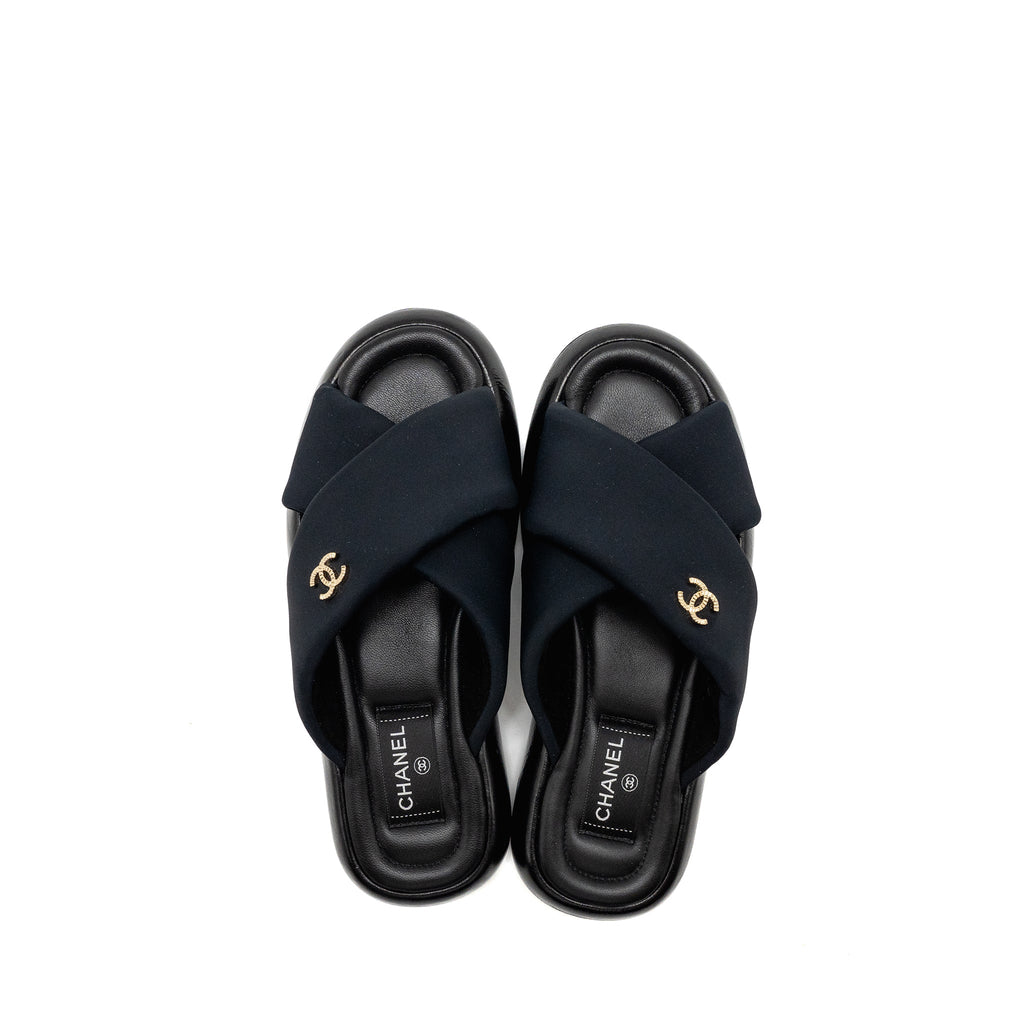 CHANEL CC PUFFY MULE SANDALS FABRIC/LEATHER BLACK GHW