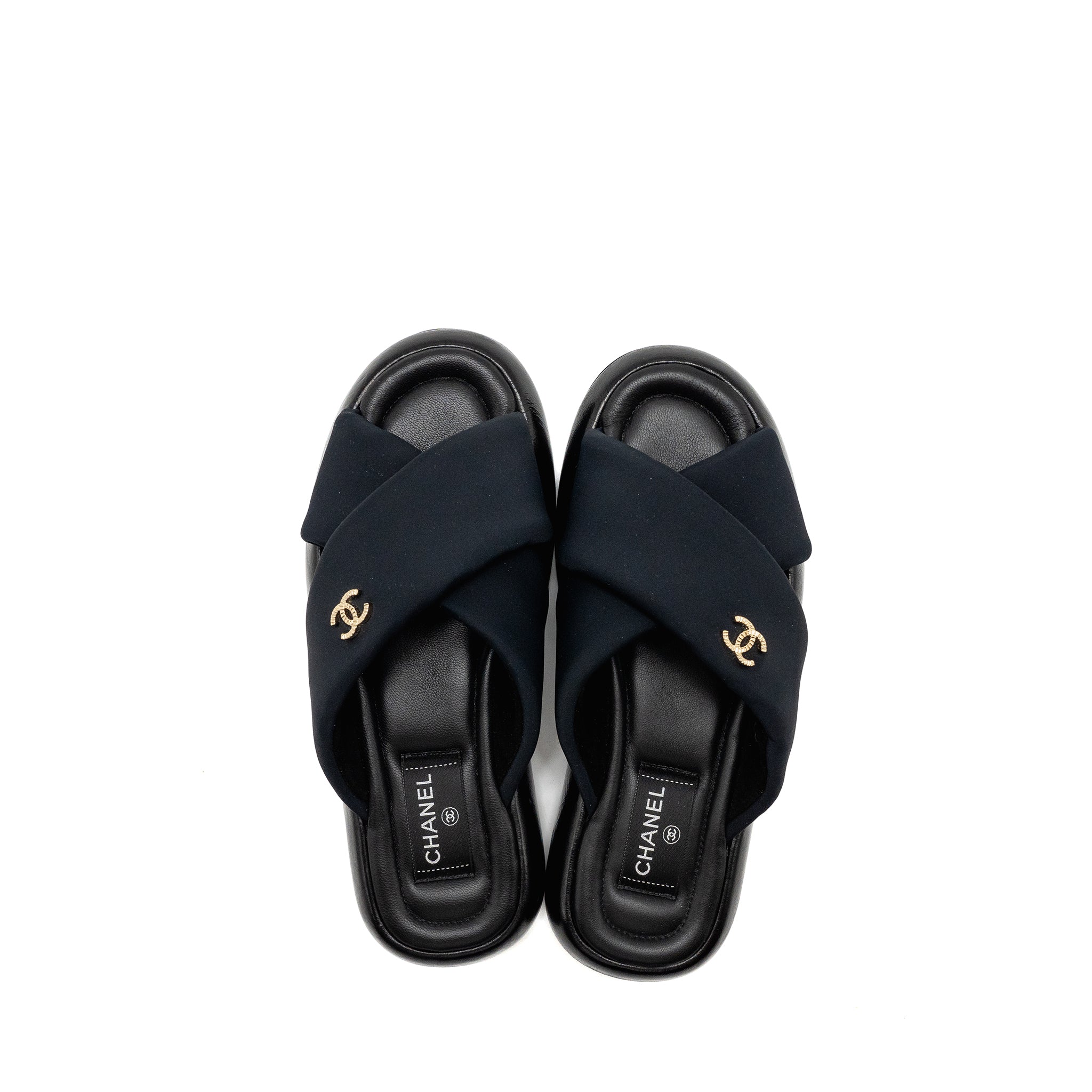 CHANEL CC PUFFY MULE SANDALS FABRIC/LEATHER BLACK GHW