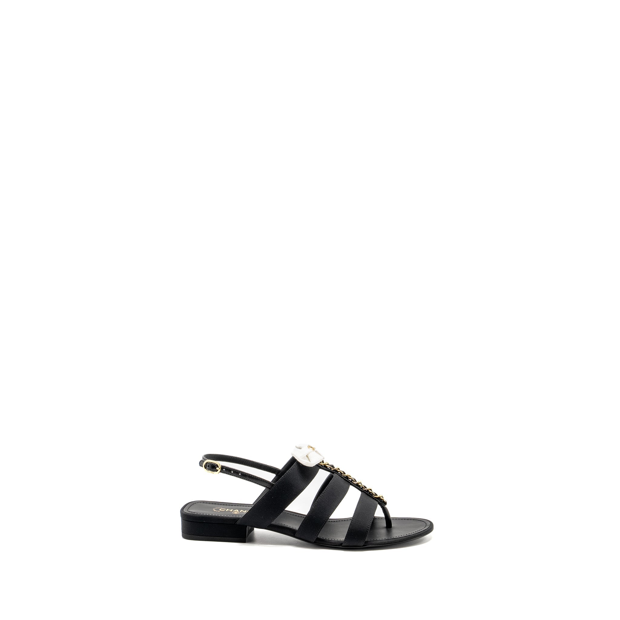 CHANEL 21K GROSGRAIN CHAIN CC LOGO WITH WHITE BOW SANDALS BLACK LGHW