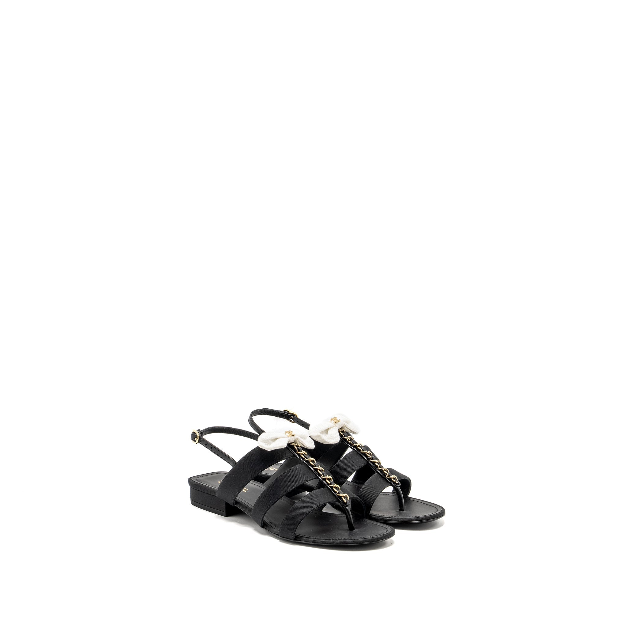 CHANEL 21K GROSGRAIN CHAIN CC LOGO WITH WHITE BOW SANDALS BLACK LGHW